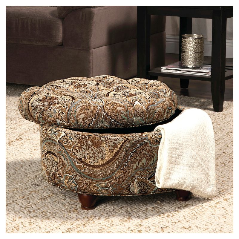 Button Tufted Round Storage Ottoman Brown Paisley - HomePop
