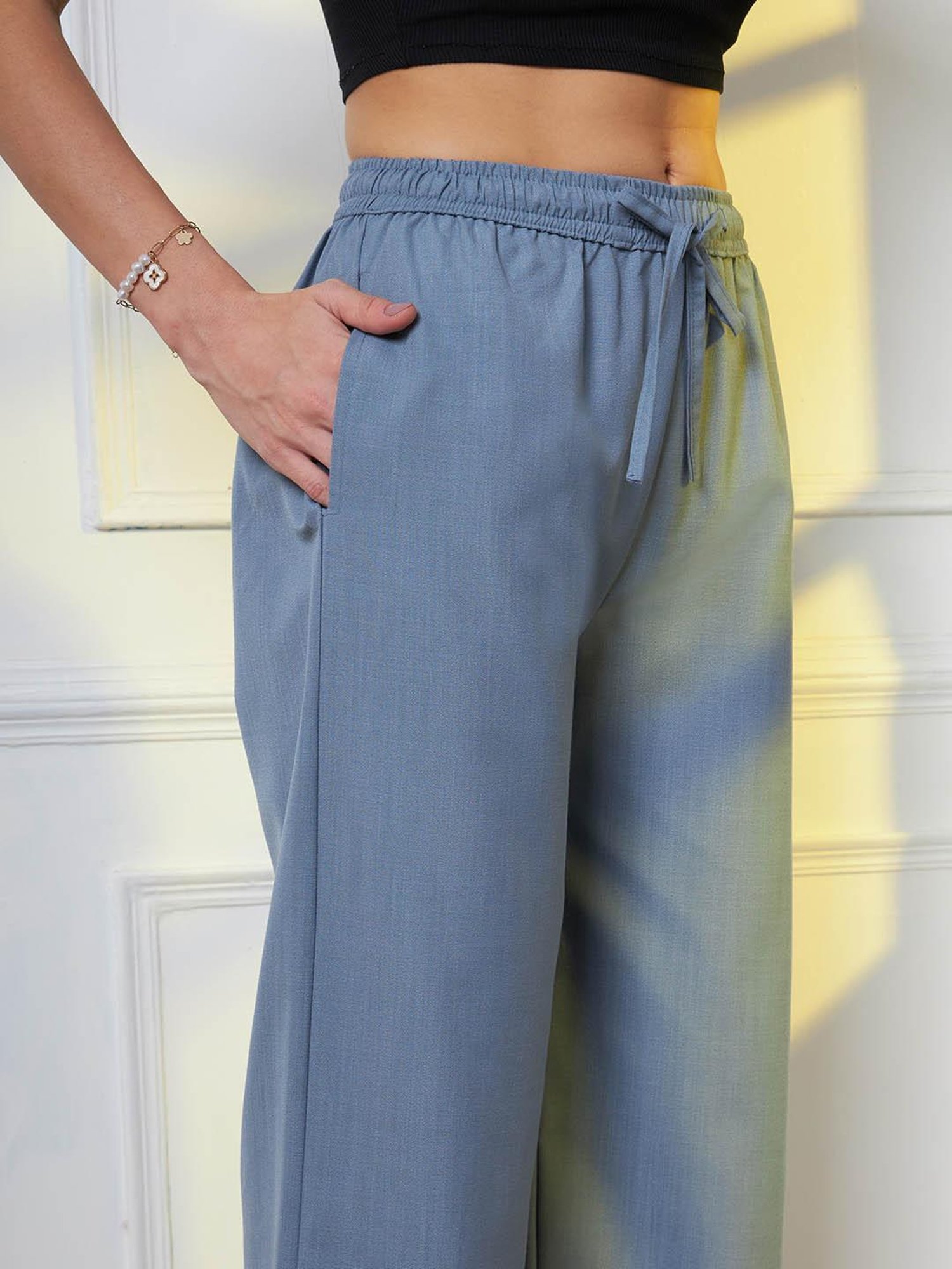 FITHUB Blue Straight Fit High Rise Trousers