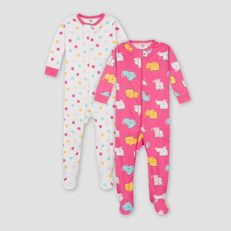 Gerber Baby Girls' 2pk Cat Snug Fit Footed Pajama - Beige/Pink 6M