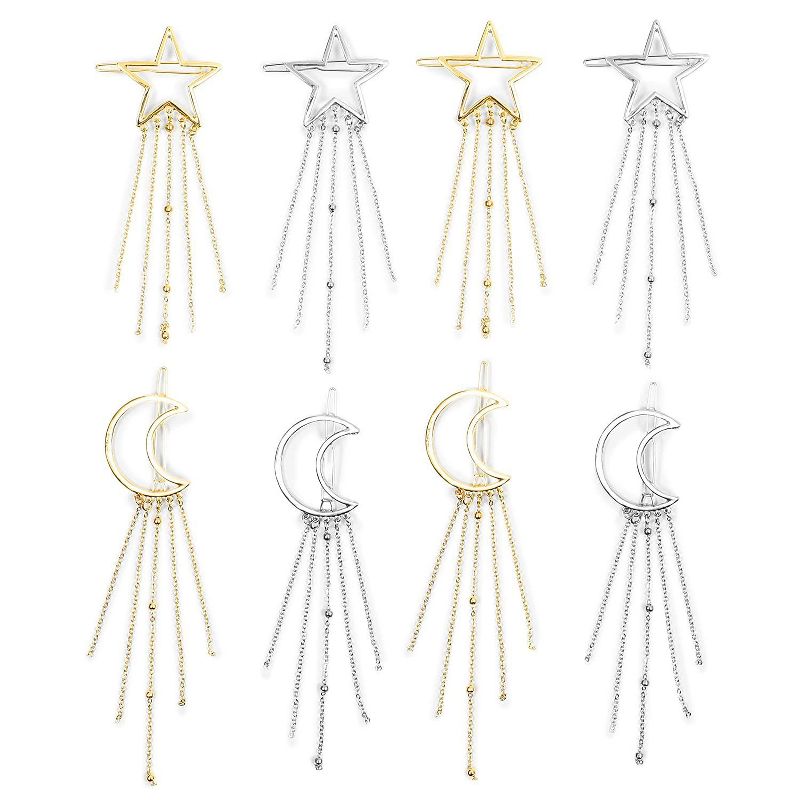Glamlily 8-Pack Moon & Star Hair Clips, Gold & Silver Barrette Pins
