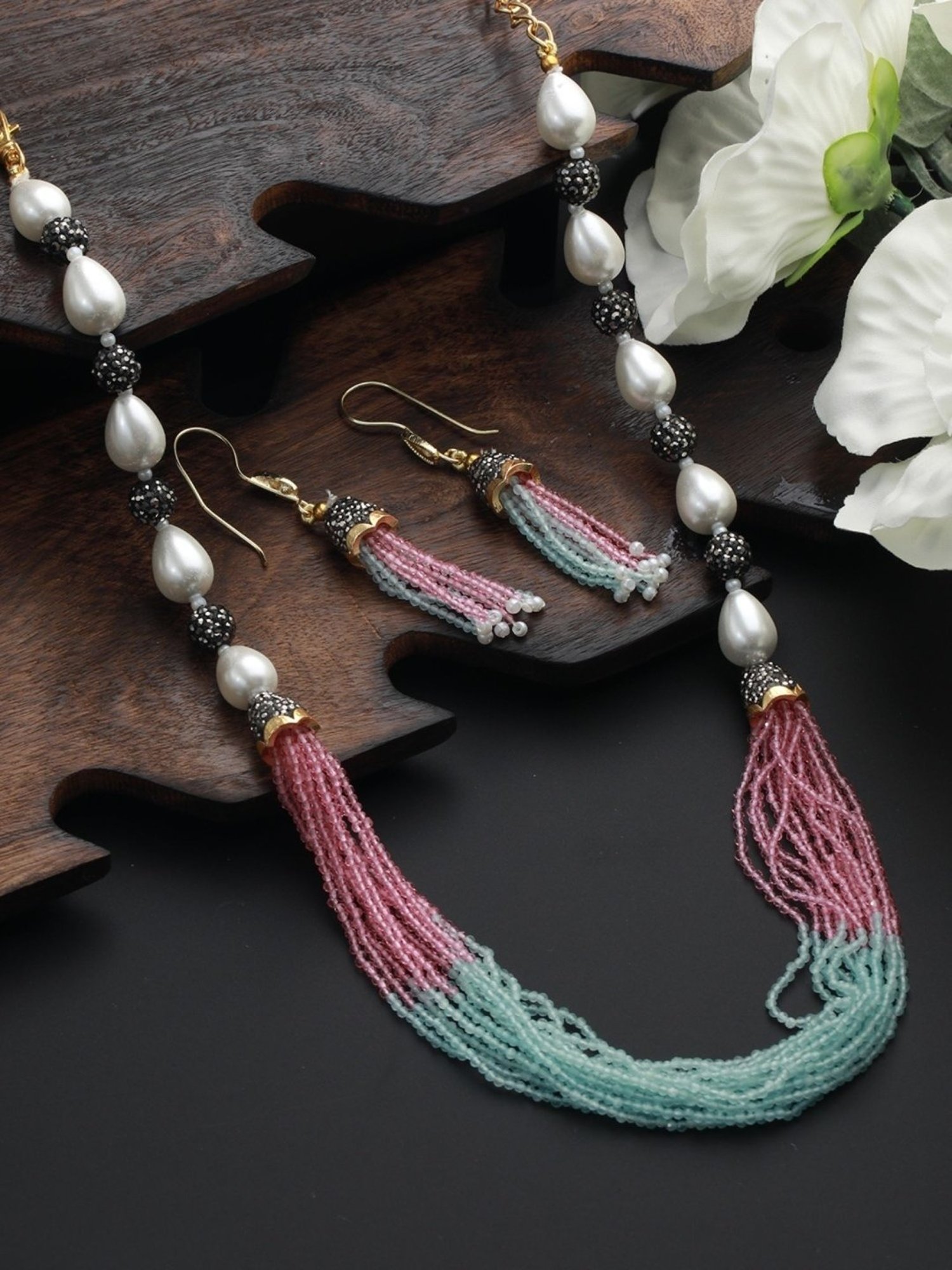 Aatmana Multi Beaded with Crystals & Pearls Studded Necklace with Earrings