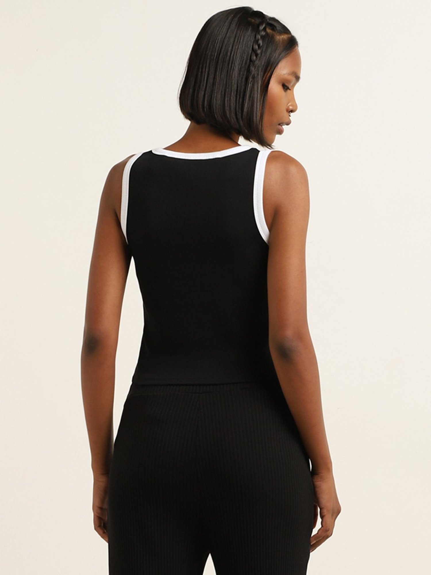 Studiofit by Westside Black Text Design Ribbed Cotton Blend T-Shirt