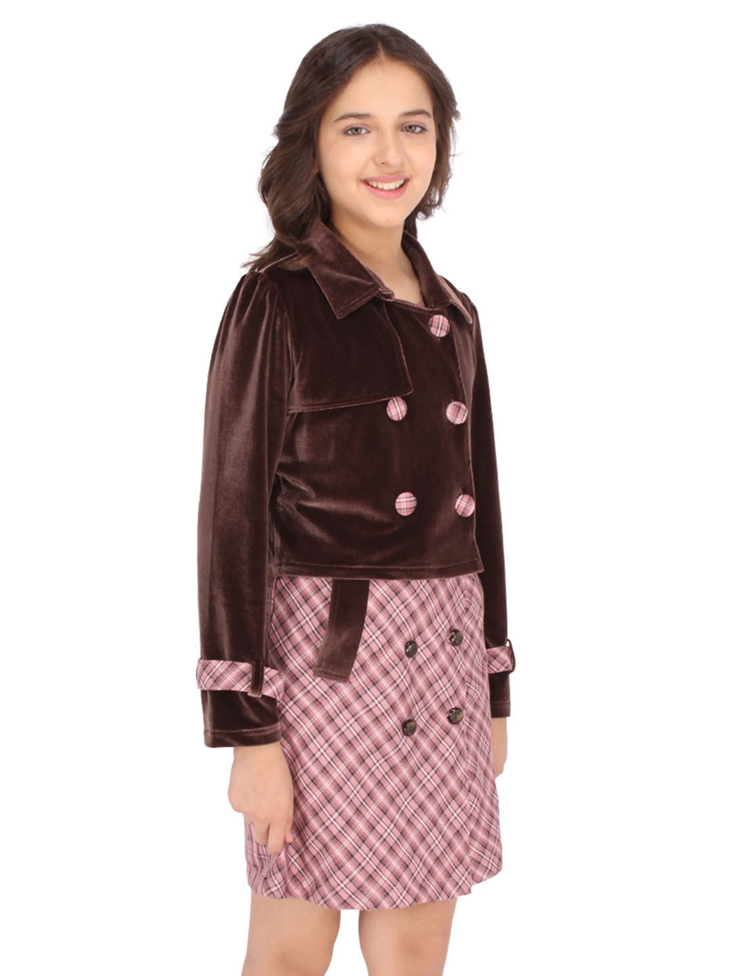 Cutecumber Kids Brown & Pink Printed Full Sleeves Dress with Shrug