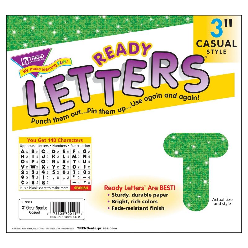 3pk 3" 140 per Pack Casual Uppercase Ready Letters Green Sparkle - TREND