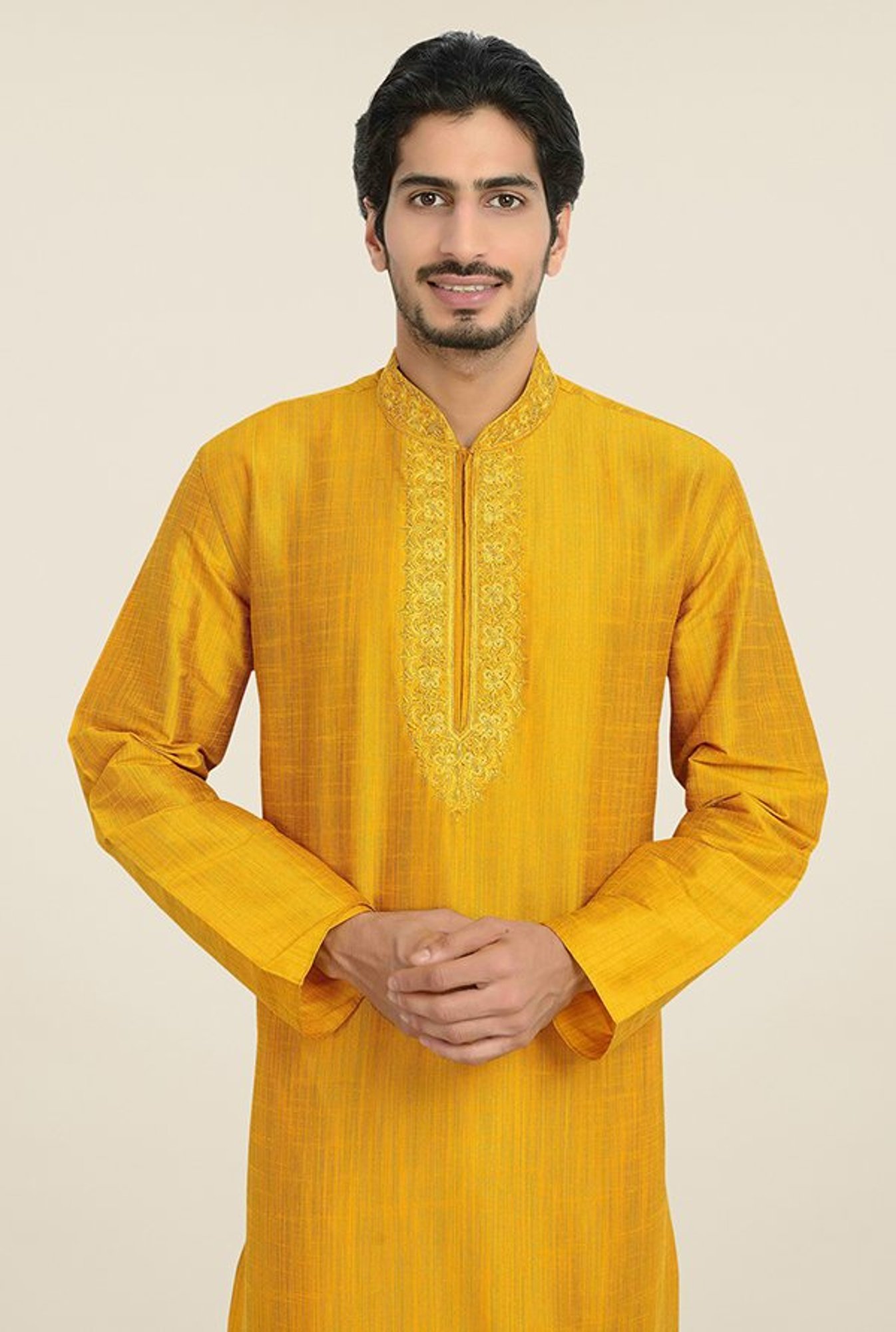 Manyavar Simple Gold & White Self Design Kurta & Churidar Set