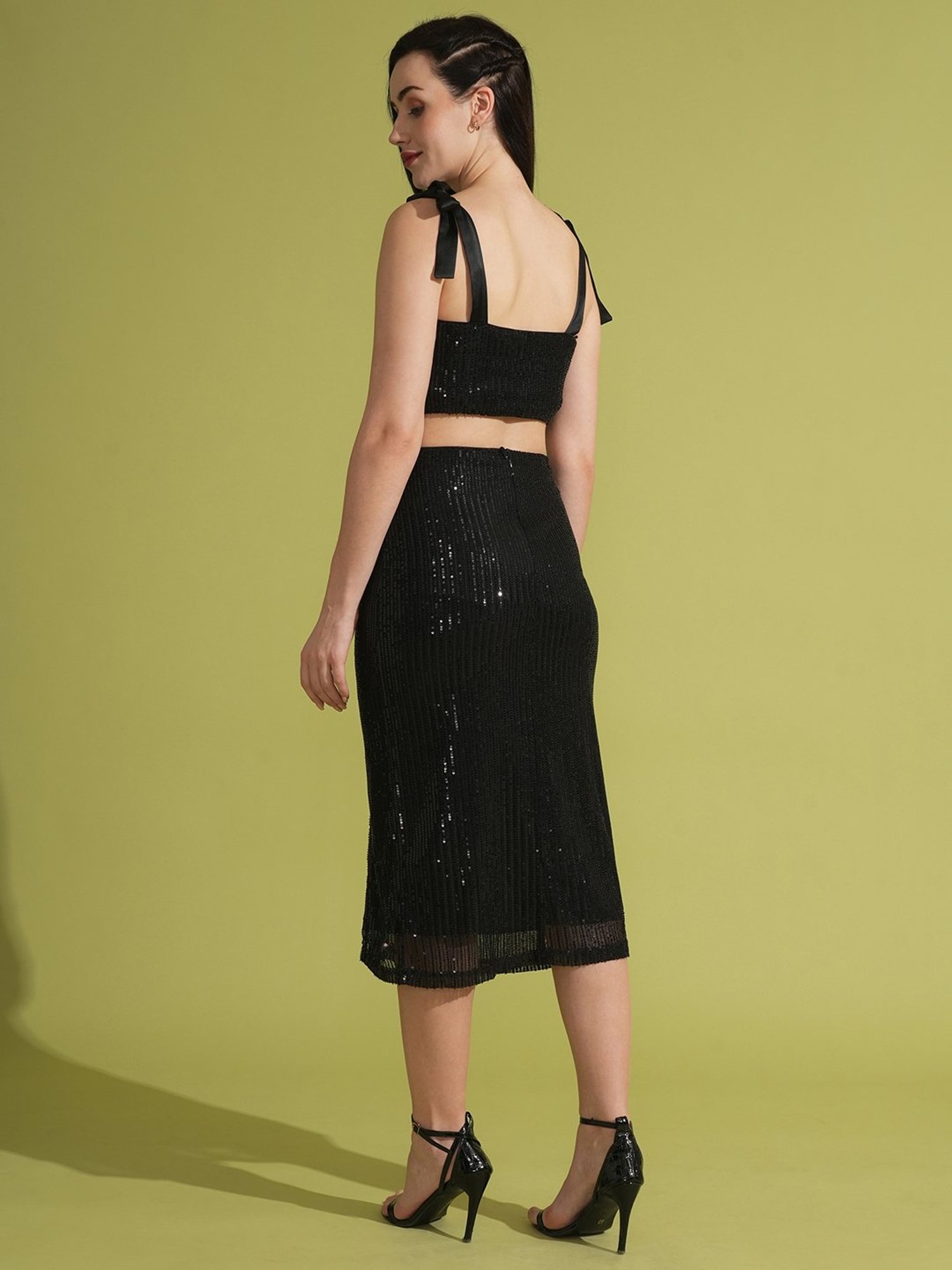 Globus Black Embellished Crop Top With Skirt