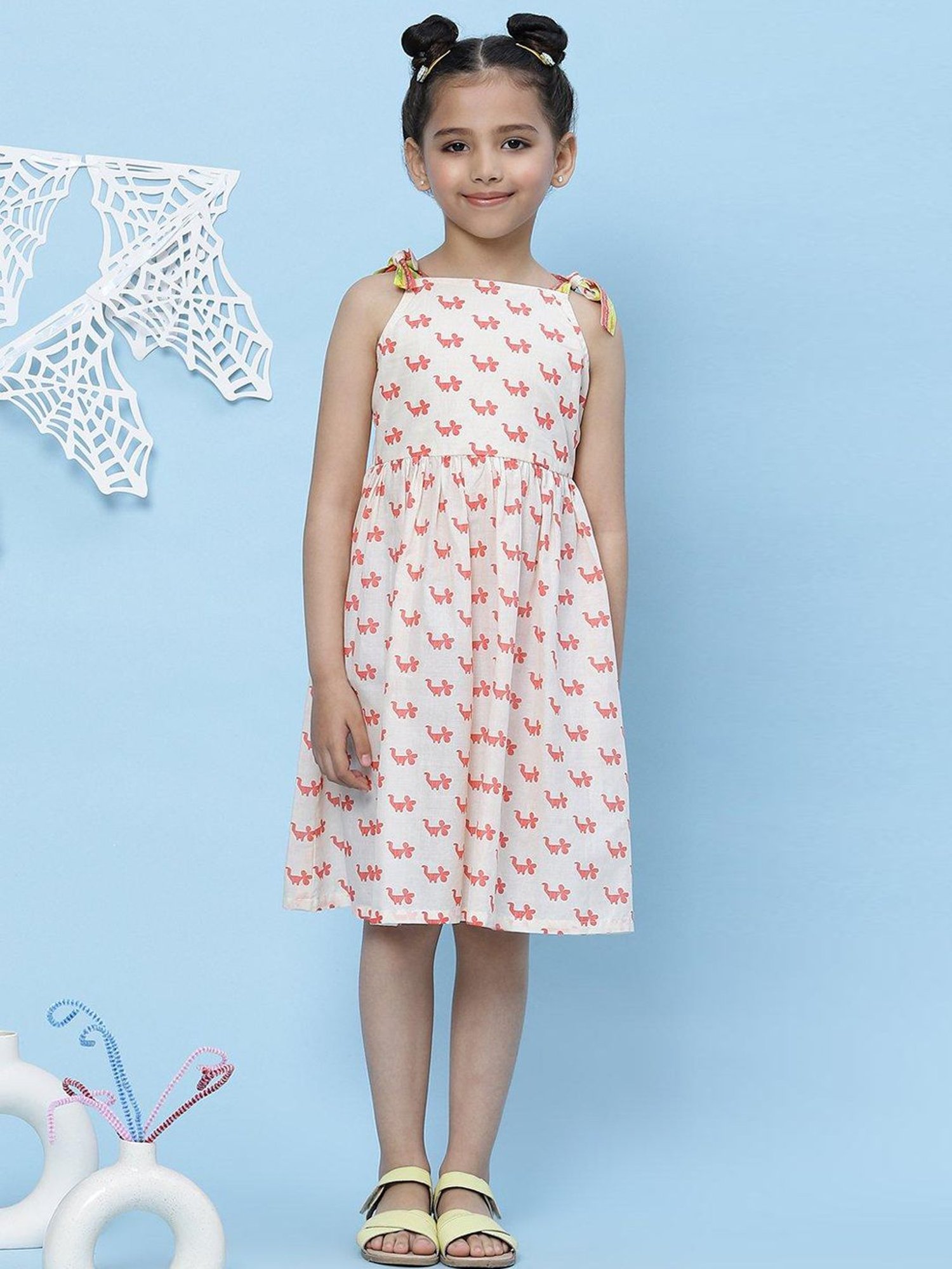 BIBA Girls Off White Cotton Printed Dress