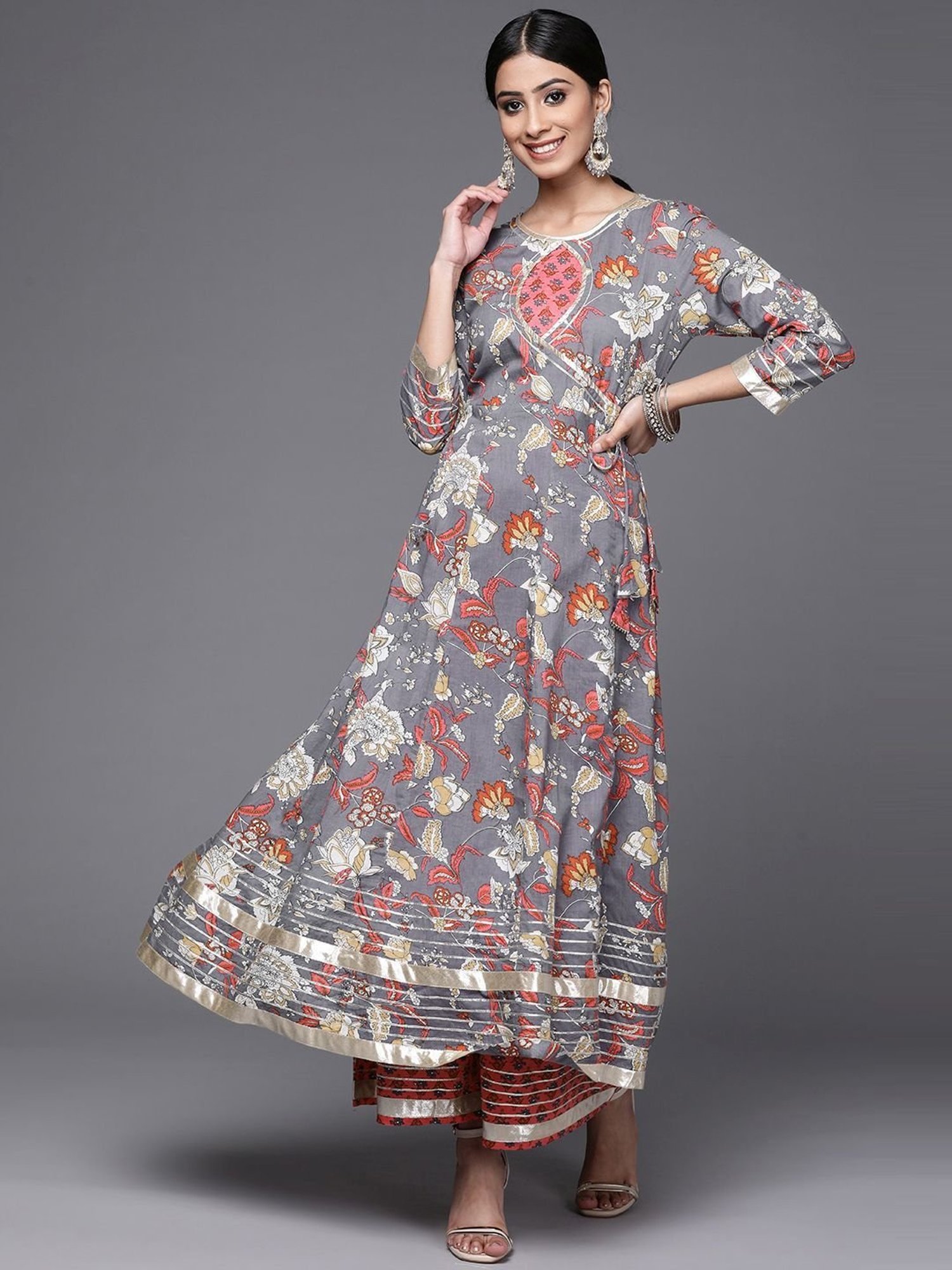 KSUT Grey & Pink Cotton Printed Kurta Palazzo Set