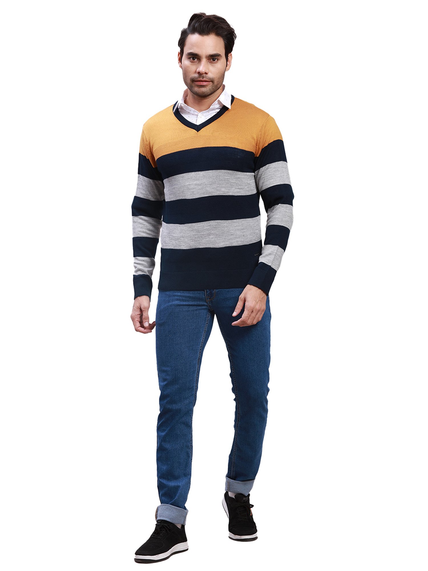 Parx Yellow Regular Fit Striped Sweater