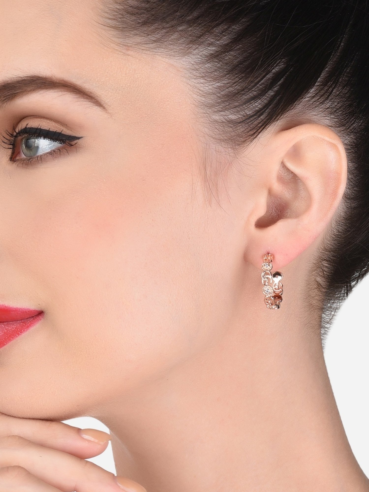 Zaveri Pearls Set of 2 Rose Gold Cubic Zirconia Contemporary Semi Hoop Earrings - ZPFK13362