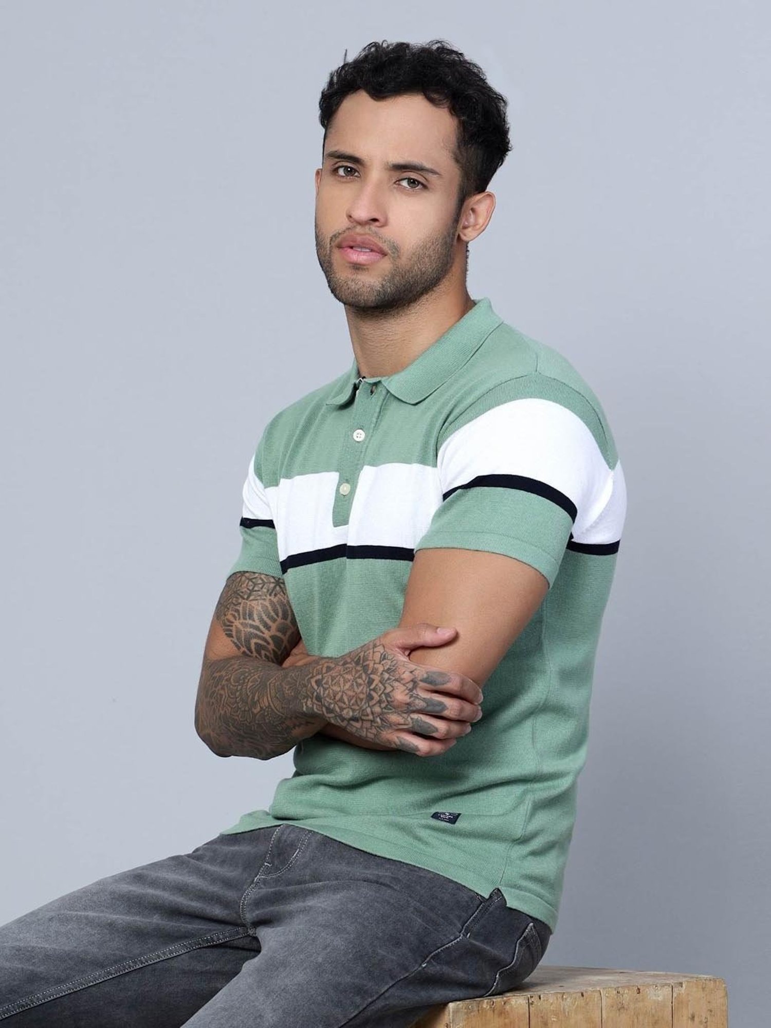 Cantabil Light Green Cotton Regular Fit Striped Polo T-Shirt