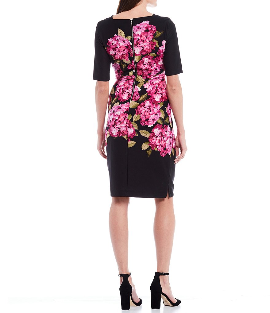 Maison Tara Short Sleeve Square Neck Floral Sheath Dress