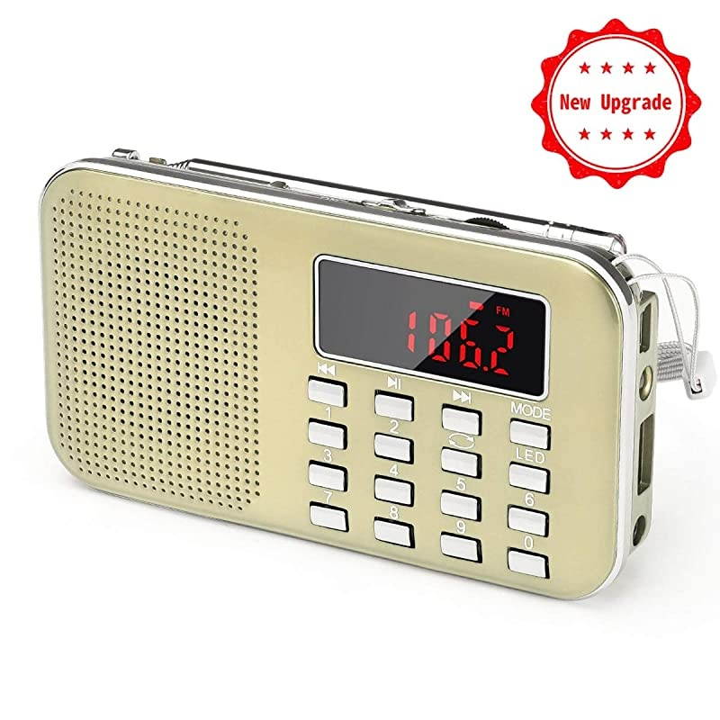 J908 Mini Portable Pocket AM FM Radio with LED Flashlight Digital Radio Speaker Music Player Support Micro SDTF CardUSB Auto Scan Save 1200mAh Rechargeable Battery OperatedGold