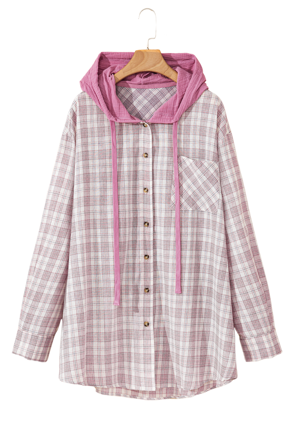 Bonbon Plaid Print Drawstring Hooded Plus Size Shacket