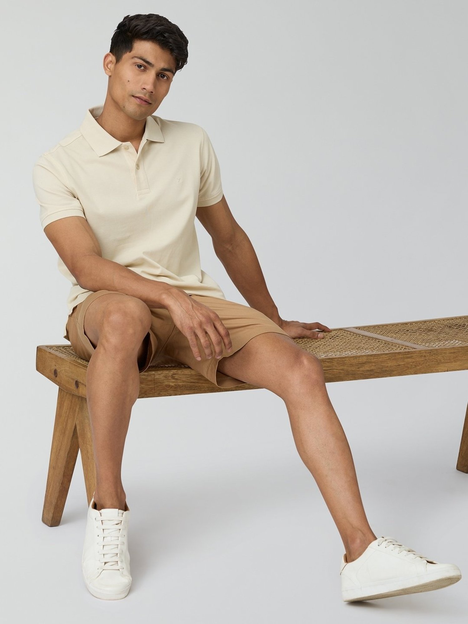 XYXX Almond White Cotton Regular Fit Polo T-Shirt