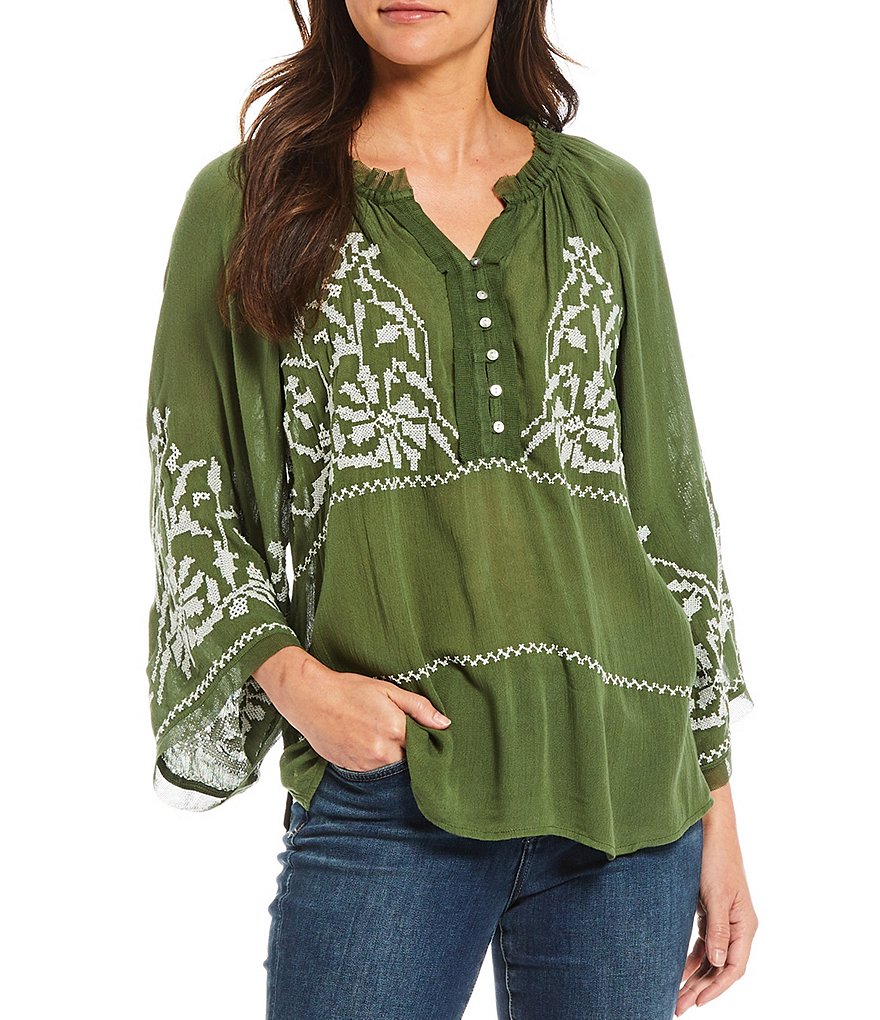 Tru Luxe Jeans 3/4 Sleeve Hi-Low Embroidered Peasant Top