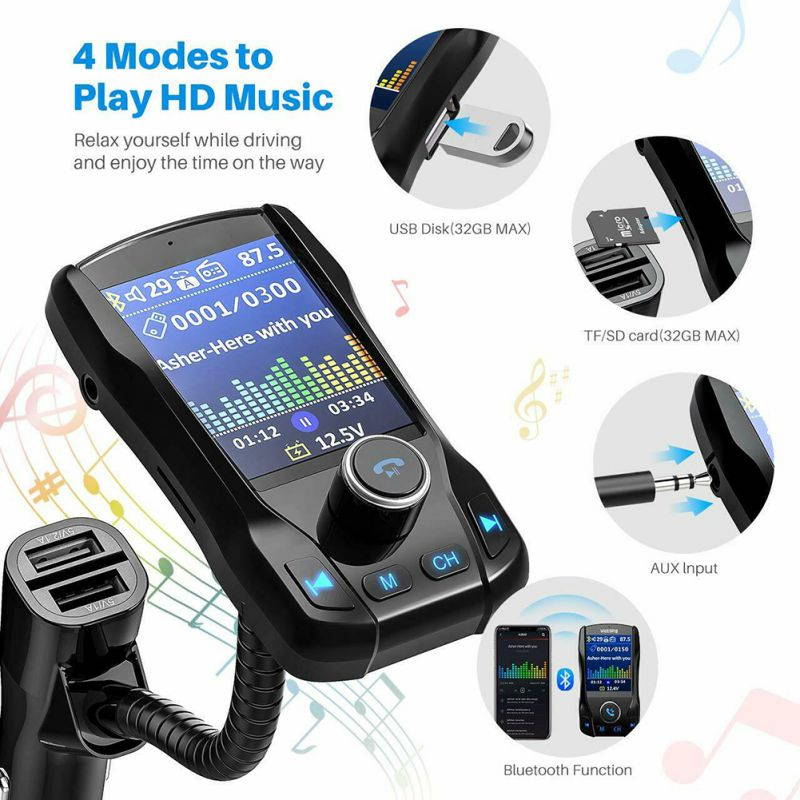 Brightup Car Bluetooth Transmitter, Strong Microphone Bluetooth Car Radio Adapter with 1.8" Color Screen for Hands Free Calls, Supports QC3.0 Charging, Treble and Bass Sound Music Player