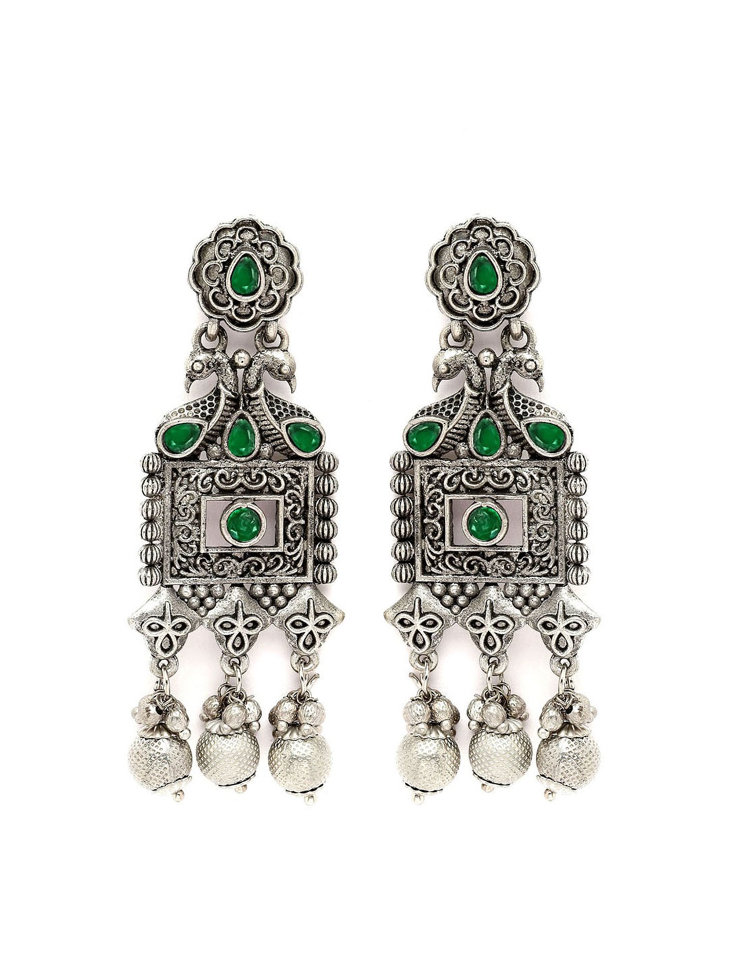 Karatcart Oxidised Silver Green Kundan Studded Drop Earrings for Women