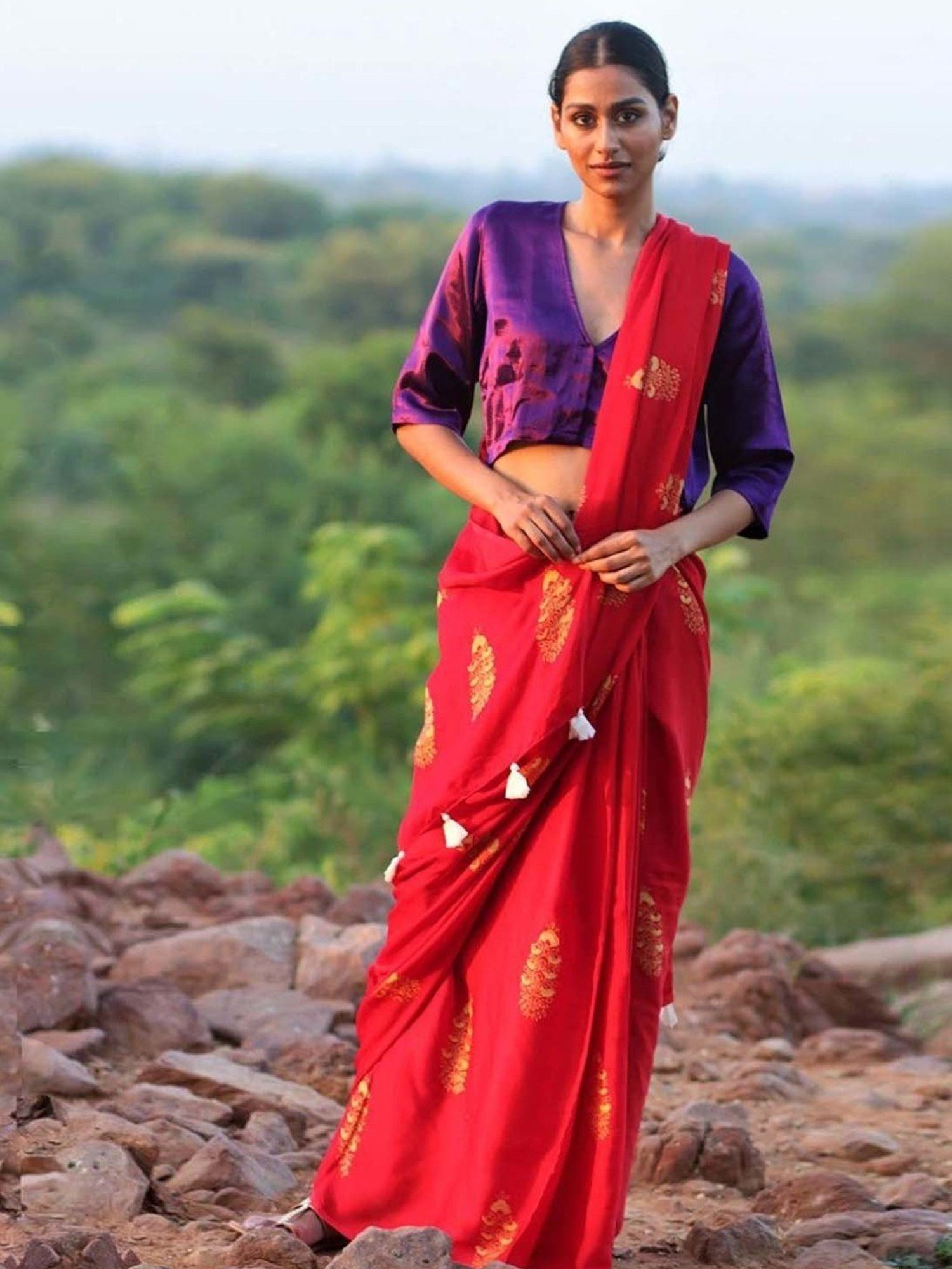 Chidiyaa Red Rang Block Printed Modal Silk Saree