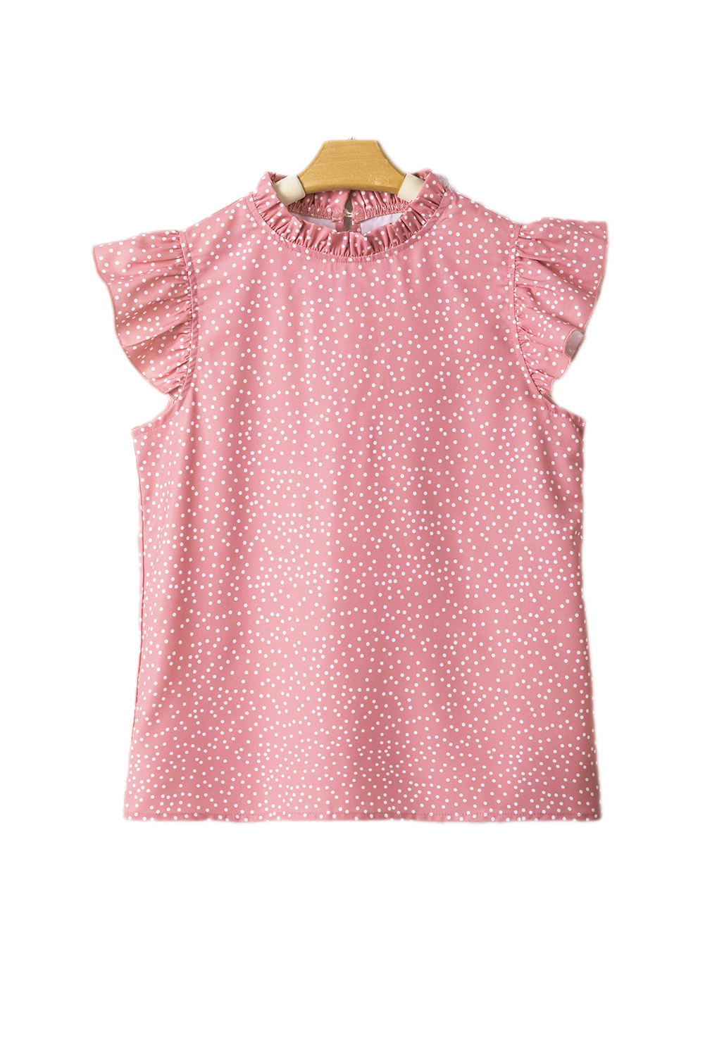 Pink Polka Dot Frilled Neck Ruffle Trim Blouse