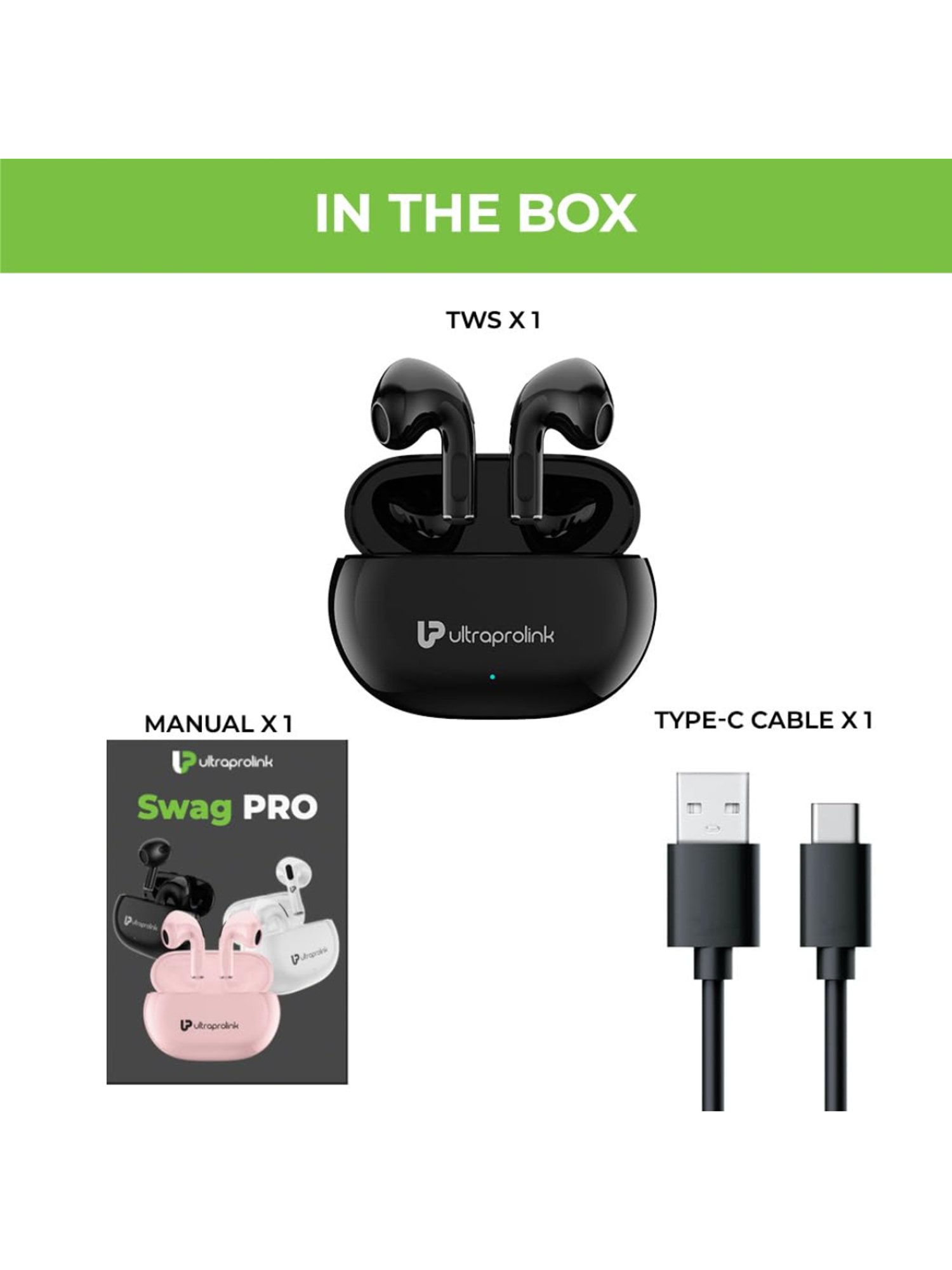 ULTRAPROLINK UM1147 Bluetooth Earbuds with 12H Playtime, Game Mode (Black, True Wireless)