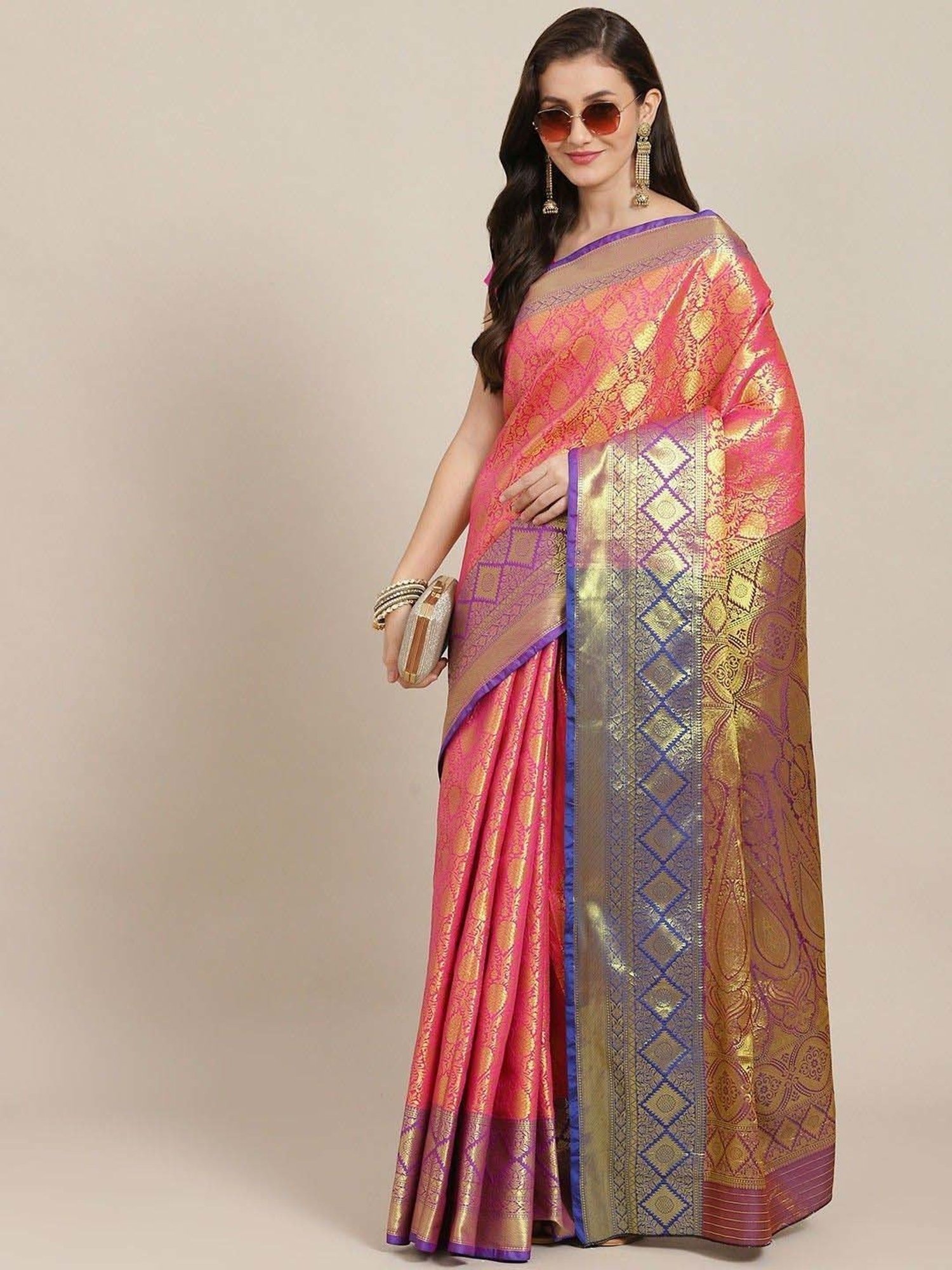 Silk Land Pink Woven Saree With Unstitched Blouse