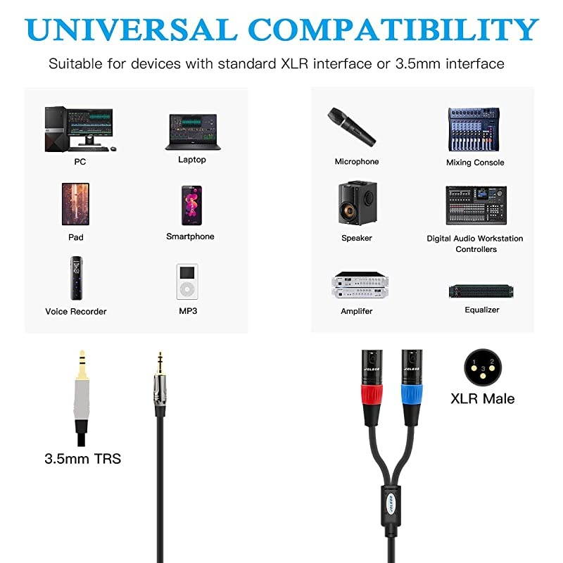 3.5 mm TRS to Dual XLR Male Pro Stereo Breakout Cable, 1/8" TRS Stereo to 2 XLR Male Y Splitter Patch Microphone Cable, 6.6 Feet -