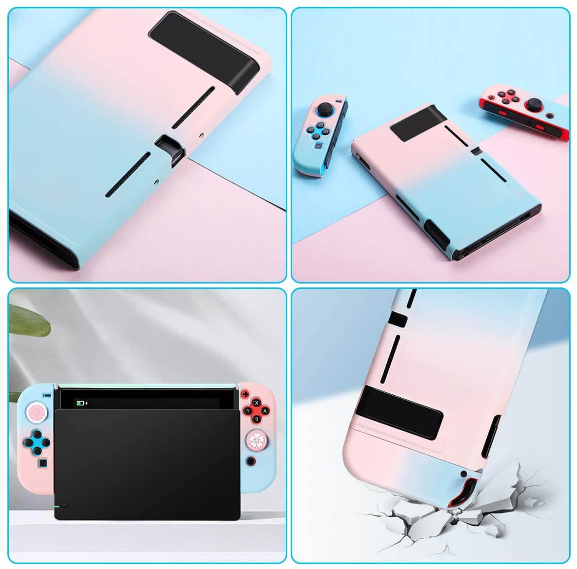 Dockable Case for Switch with 2 Sakura Flower Thumb Grip Caps, NS Protective Cover for Switch Console and Joy-Con Controllers, Gradient Hard Skin Case for Switch with 2 Silicone Sakura Joystick Caps