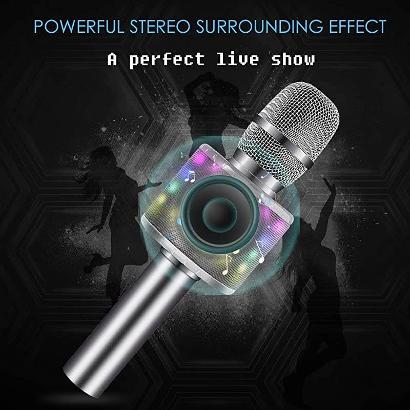 Wireless Bluetooth Karaoke Microphone with Controllable LED Lights Portable Handheld Karaoke Speaker Machine Christmas Birthday Home Party for AndroidiPhonePC or All SmartphoneSpace Gray