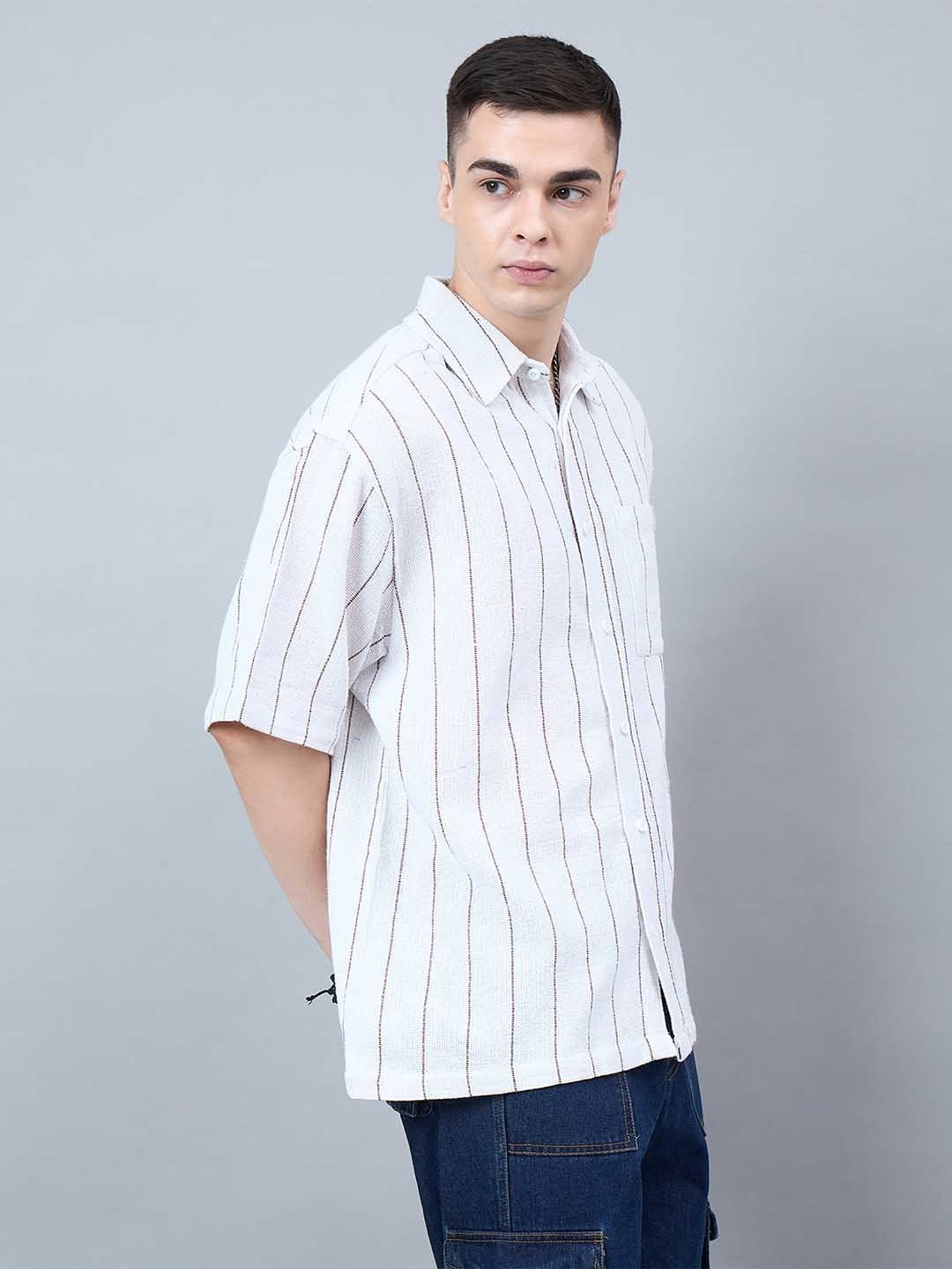 CHIMPAAANZEE White & Brown Loose Fit Striped Oversized Shirt