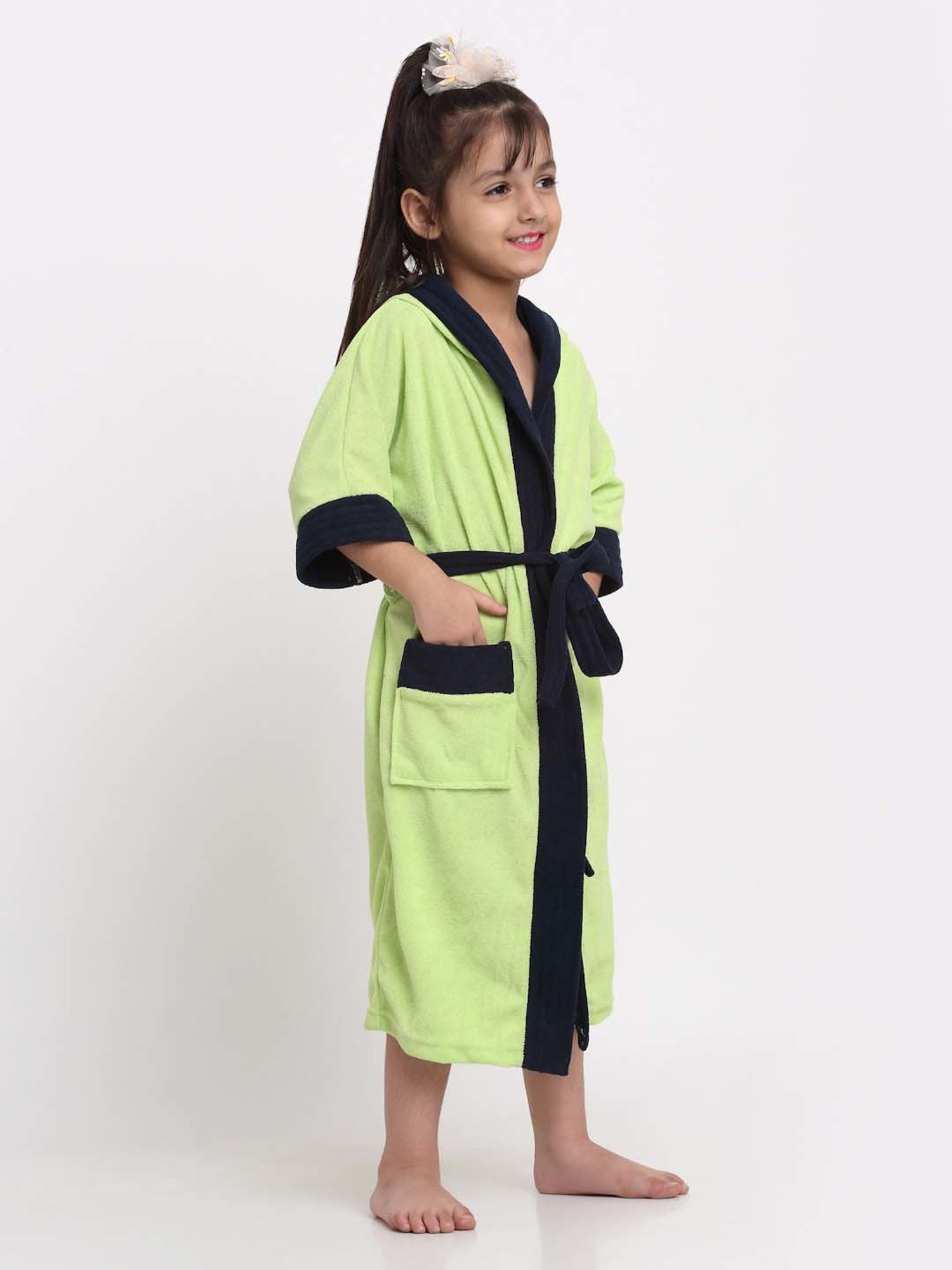 Creeva Melodious Black & Turkish Micro Terry 225 GSM Kids Hooded Bathrobe 4-5 Years With Pocket