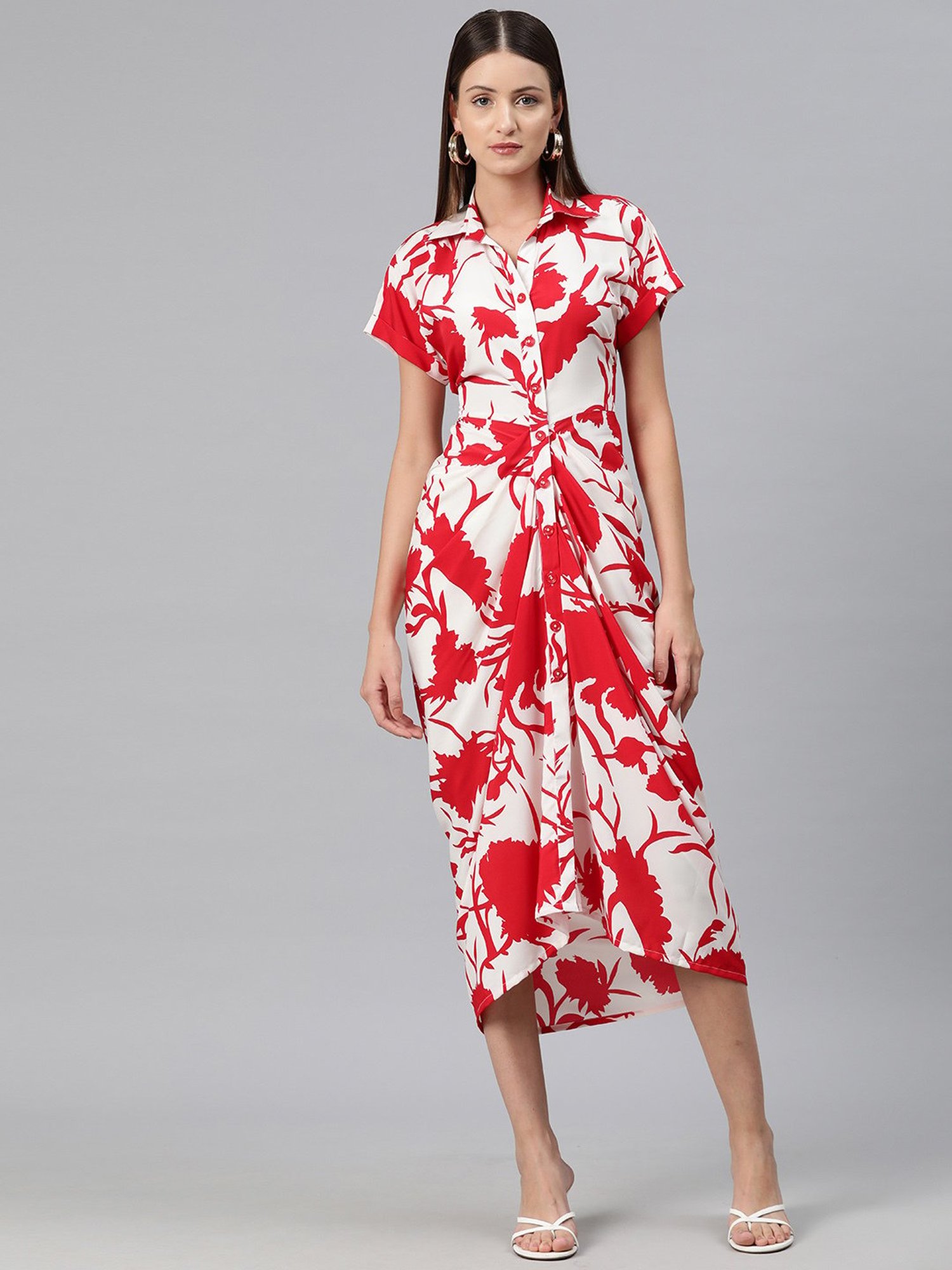 Cottinfab White & Red Floral Print Shirt Dress