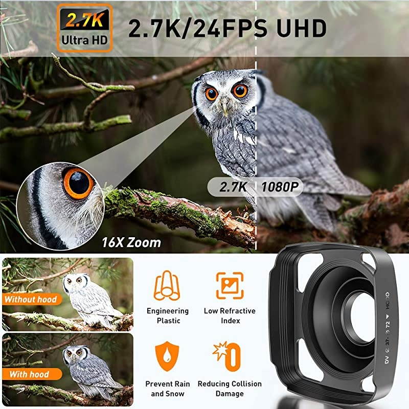 Camera Camcorder 27K Vlogging Camera for YouTube Ultra HD 24FPS 36 MP IR Night Vision 16X Digital Zoom 30 Touch Screen Camera with Microphone Handheld Stabilizer Lens Hood