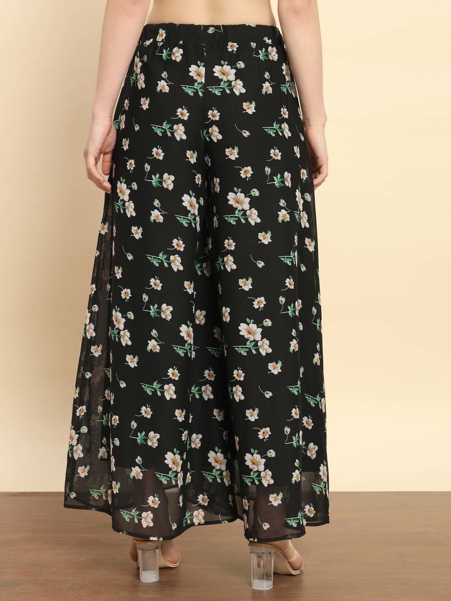 Trend Arrest Black Floral Print Flared Fit High Rise Palazzos