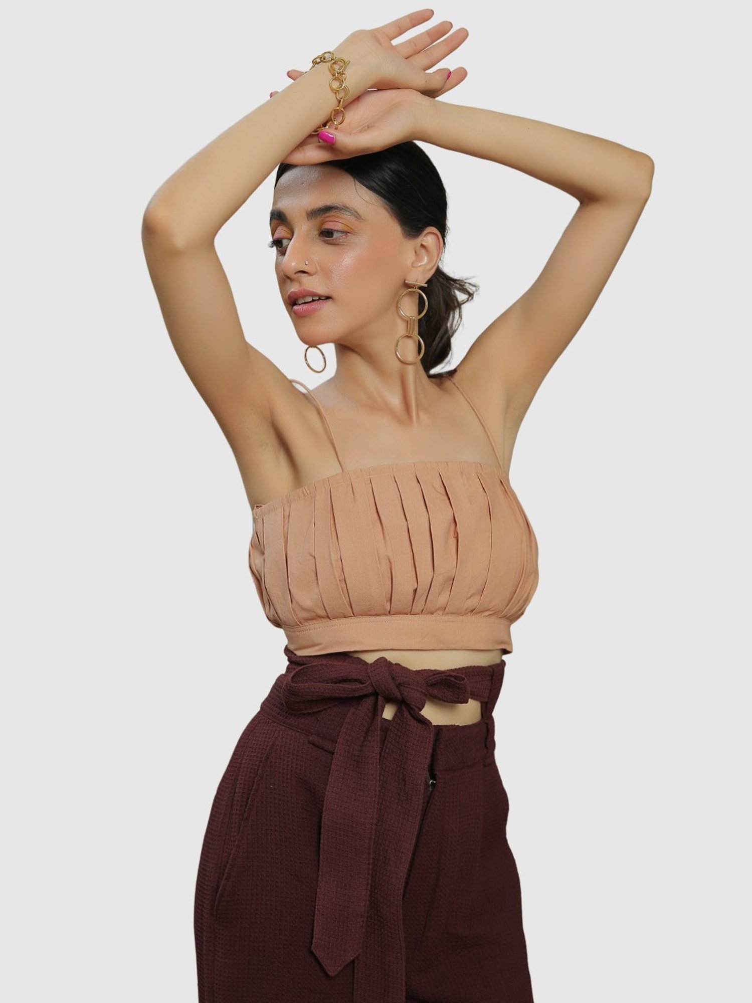 KAORI BY SHREYA AGARWAL Beige & Maroon Cotton Crop Top Pants Set