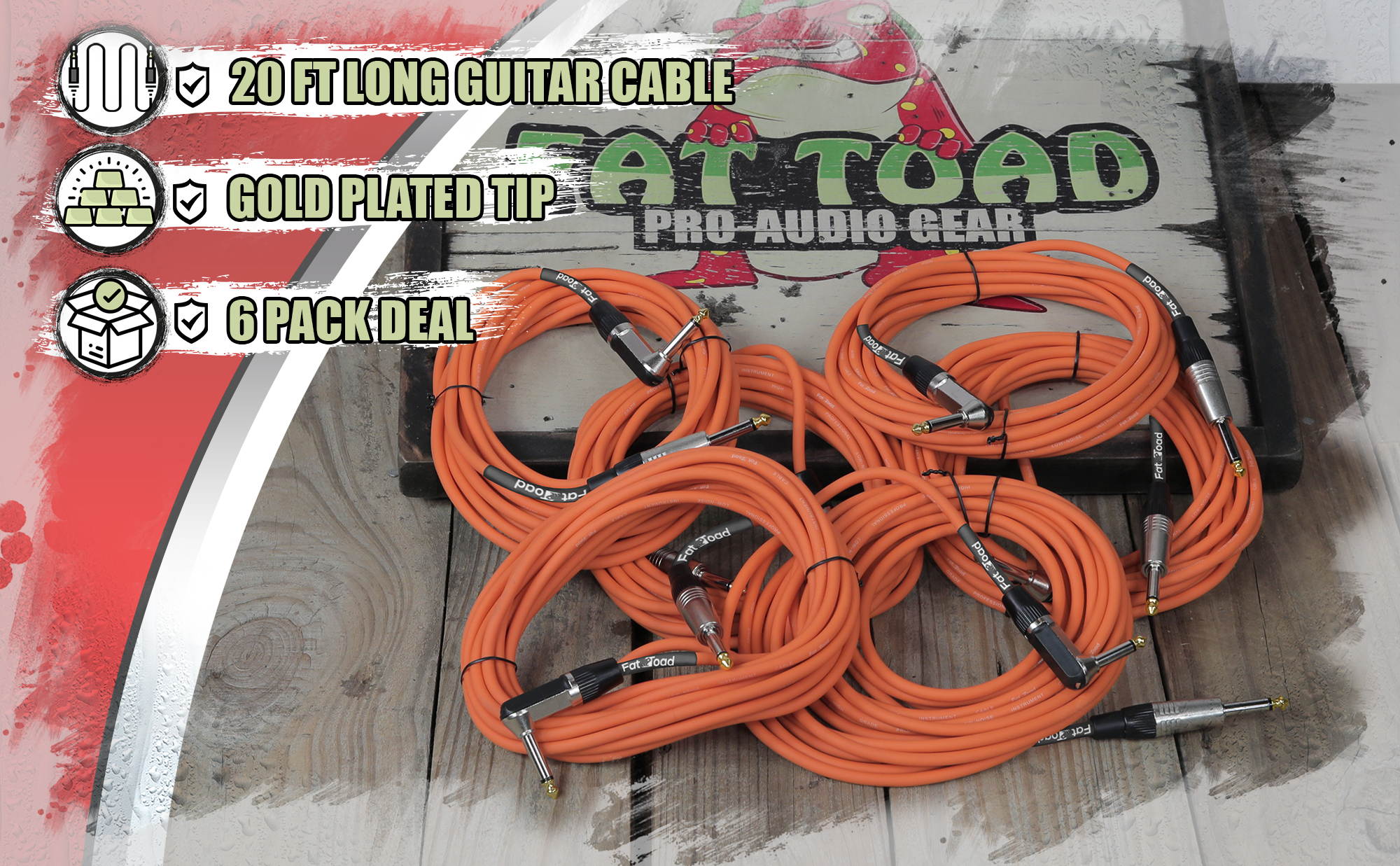 Guitar Cables (6 Pack) Right Angled Instrument Cord by FAT TOAD | 20FT 1/4 Quarter Inch Straight-End 20 GA Wires for Electric Guitar Pedal, Bass, Keyboards, Speaker Amplifier & Audio Studio Recording
