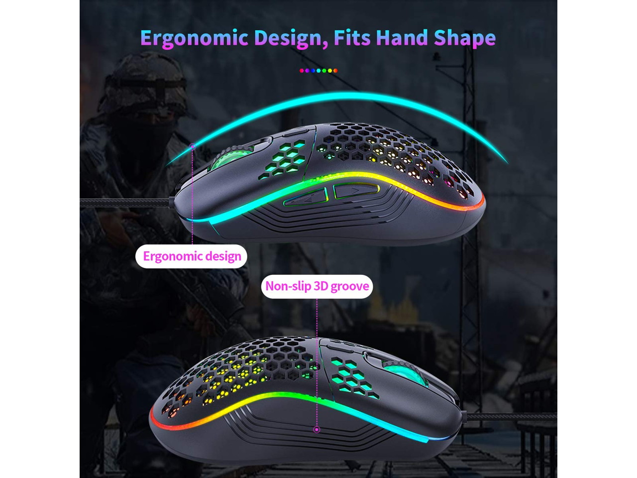Wired Gaming Mouse Rechargeable USB PC Gaming Mouse RGB Backlit Mouse Ergonomic Optical Mice W/Honeycomb Shell for PC Computer Laptop 7200DPI