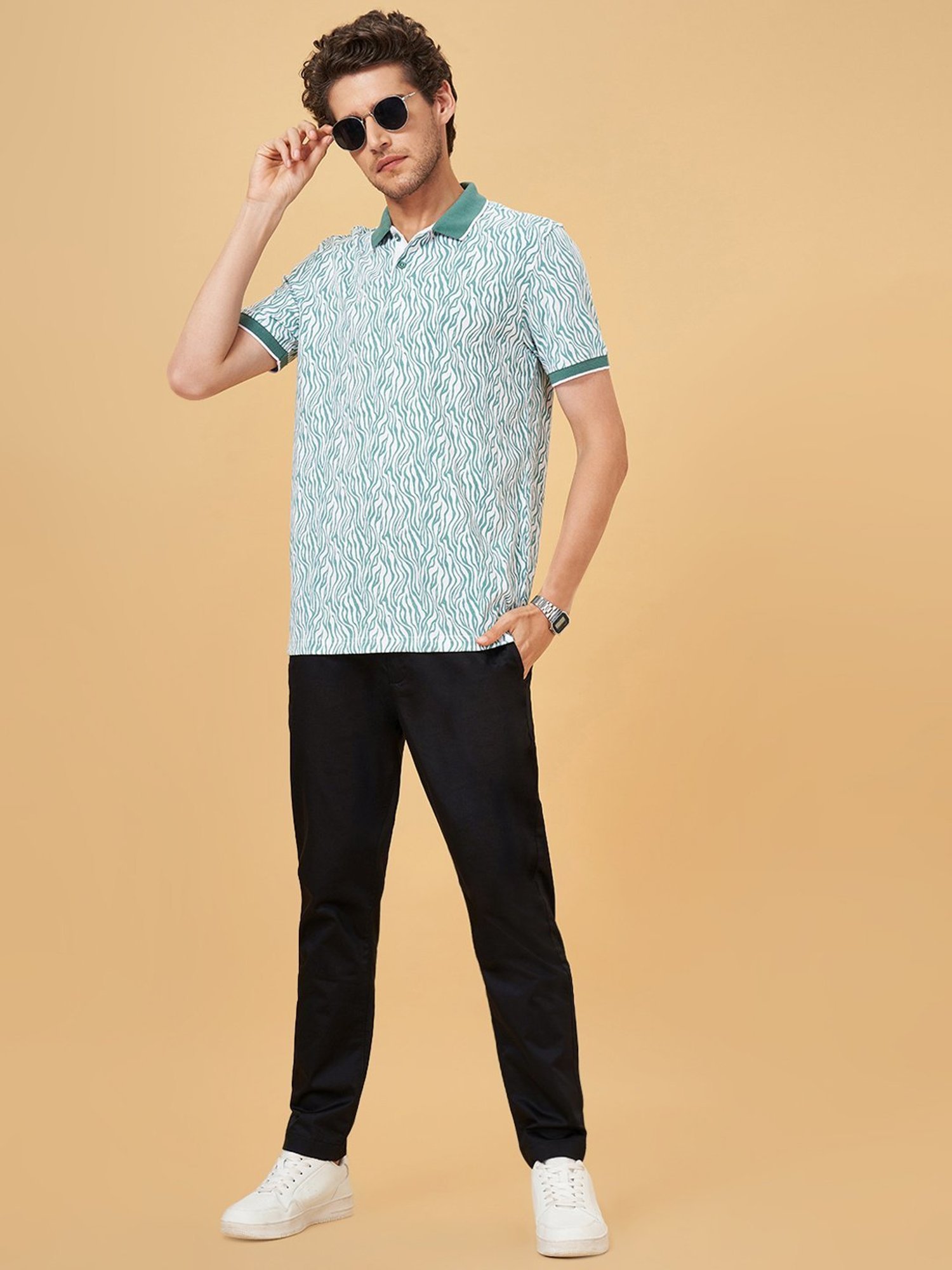 Byford By Pantaloons Blue Cotton Slim Fit Printed Polo T-Shirt