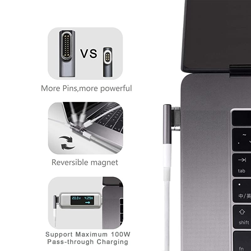 Magnetic USB C Adapter,  20Pins MagSafe to USB C Converter Support 100W Fast Charging, 10Gbps Data Transfer, 4K Video Compatible with MacBook(Pro), Dell XPS, More Type C Laptops (Silver)