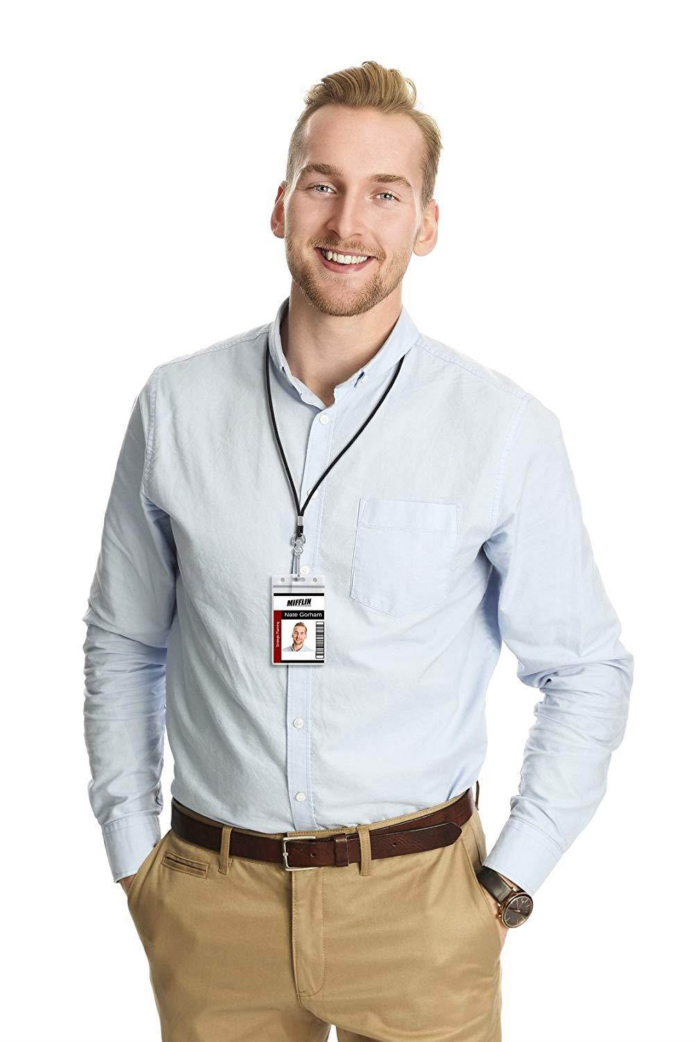 MIFFLIN Vertical ID Name Badge Holder with Woven Lanyard (Satin Black Non-Breakaway, 250 Pack)