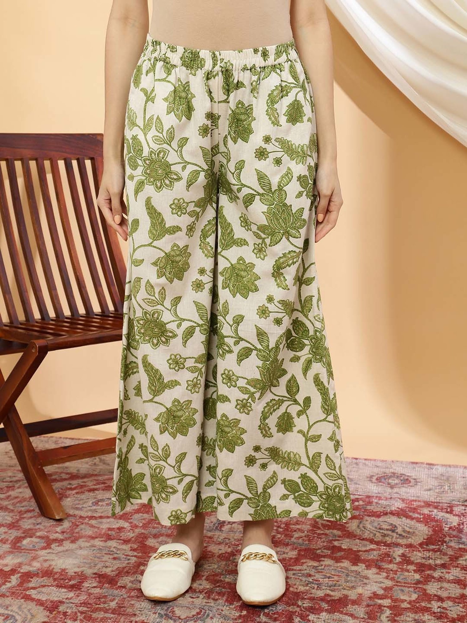 Sringam Off-White & Green Floral Print Tunic Palazzo Set