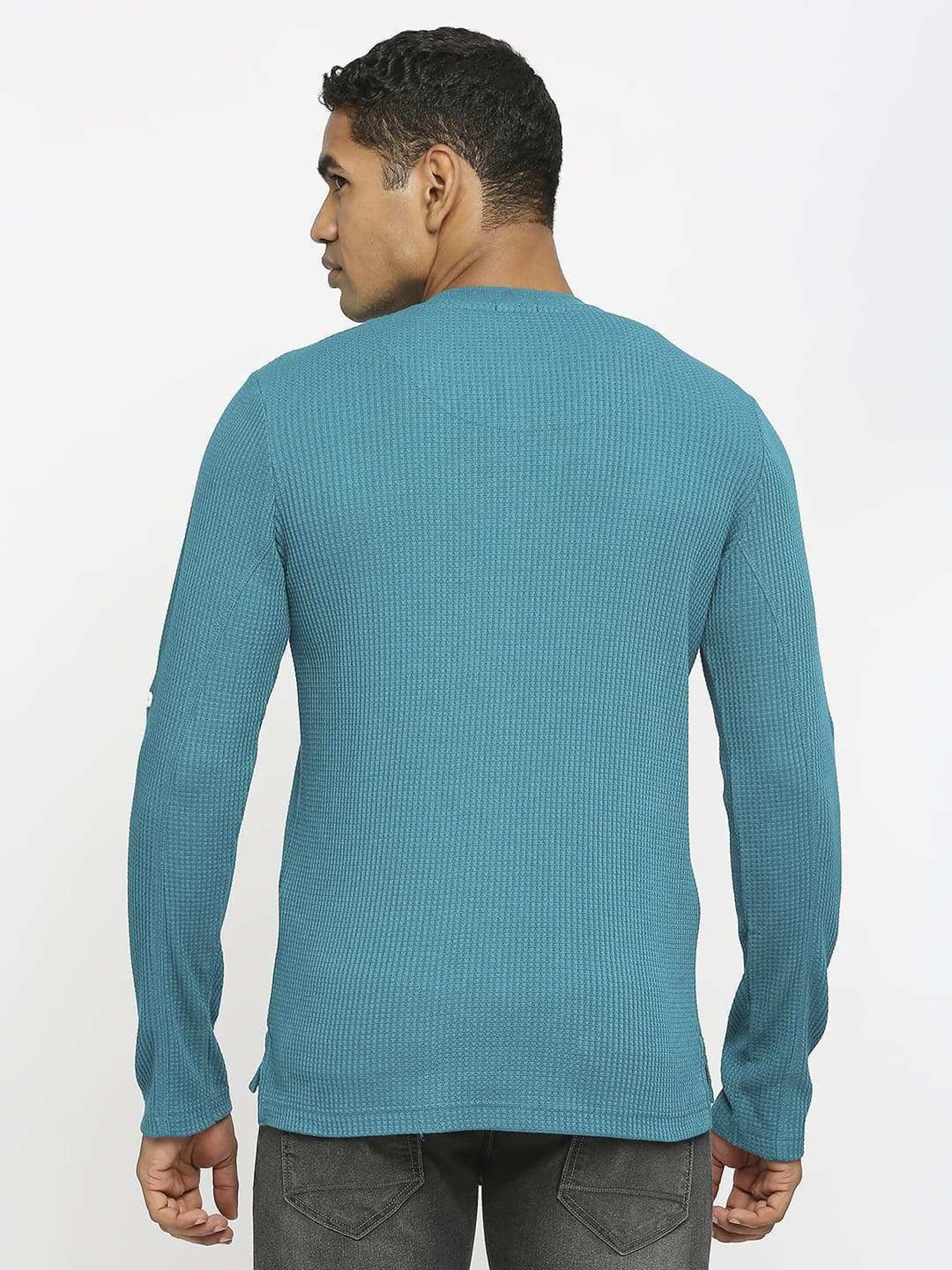 Basics Green Cotton Muscle Fit Texture Henley T-Shirt