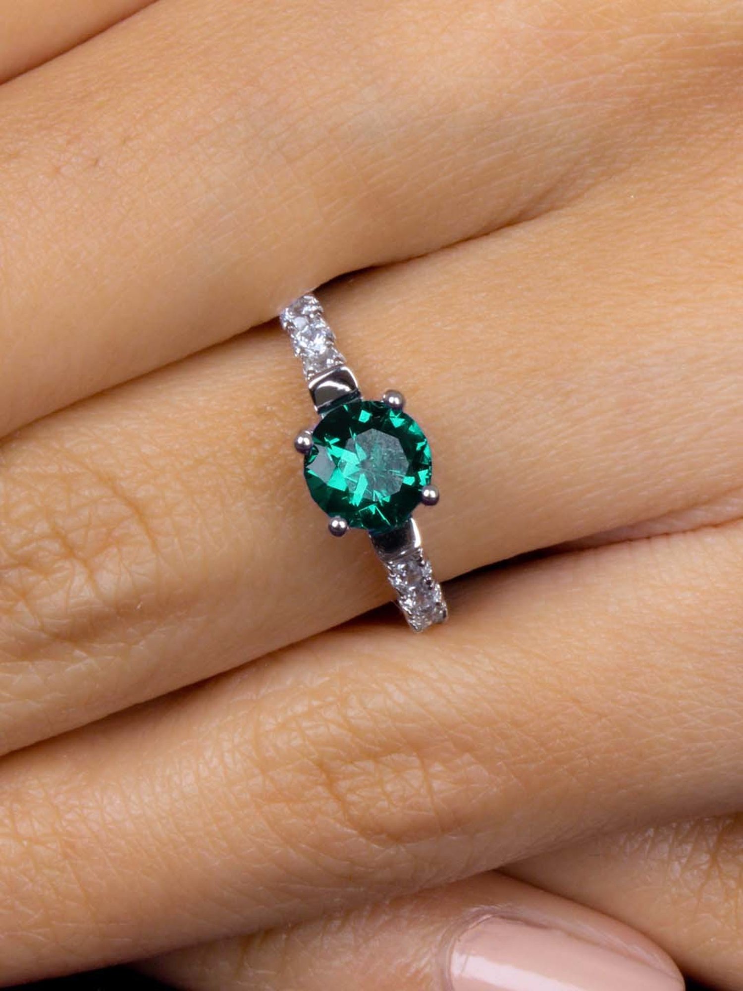 925 Silver Green Emerald and American Diamond Solitaire Ring for Women & Girls