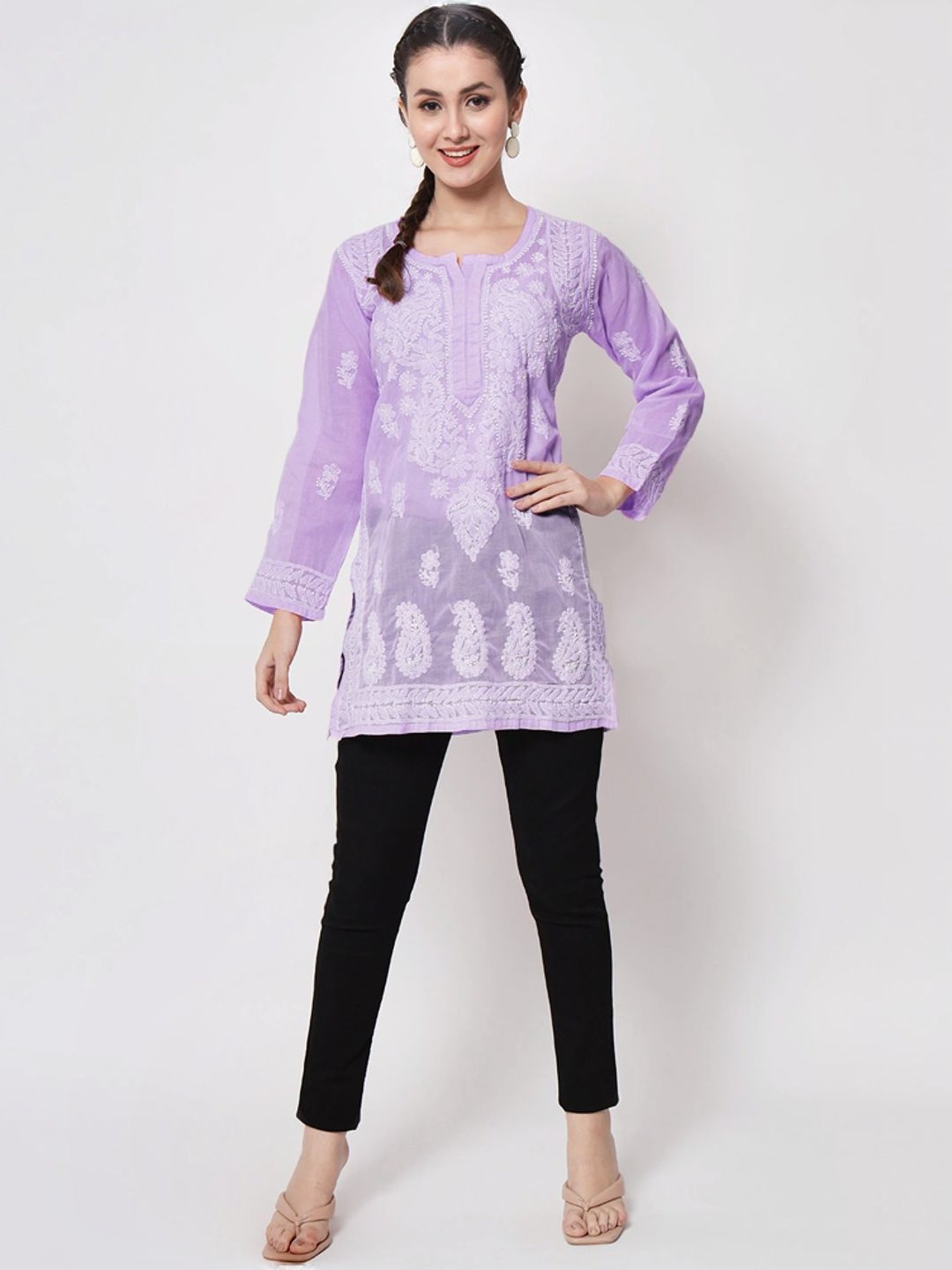 PARAMOUNT CHIKAN Violet Cotton Hand Embroidered Chikankari Straight Kurti
