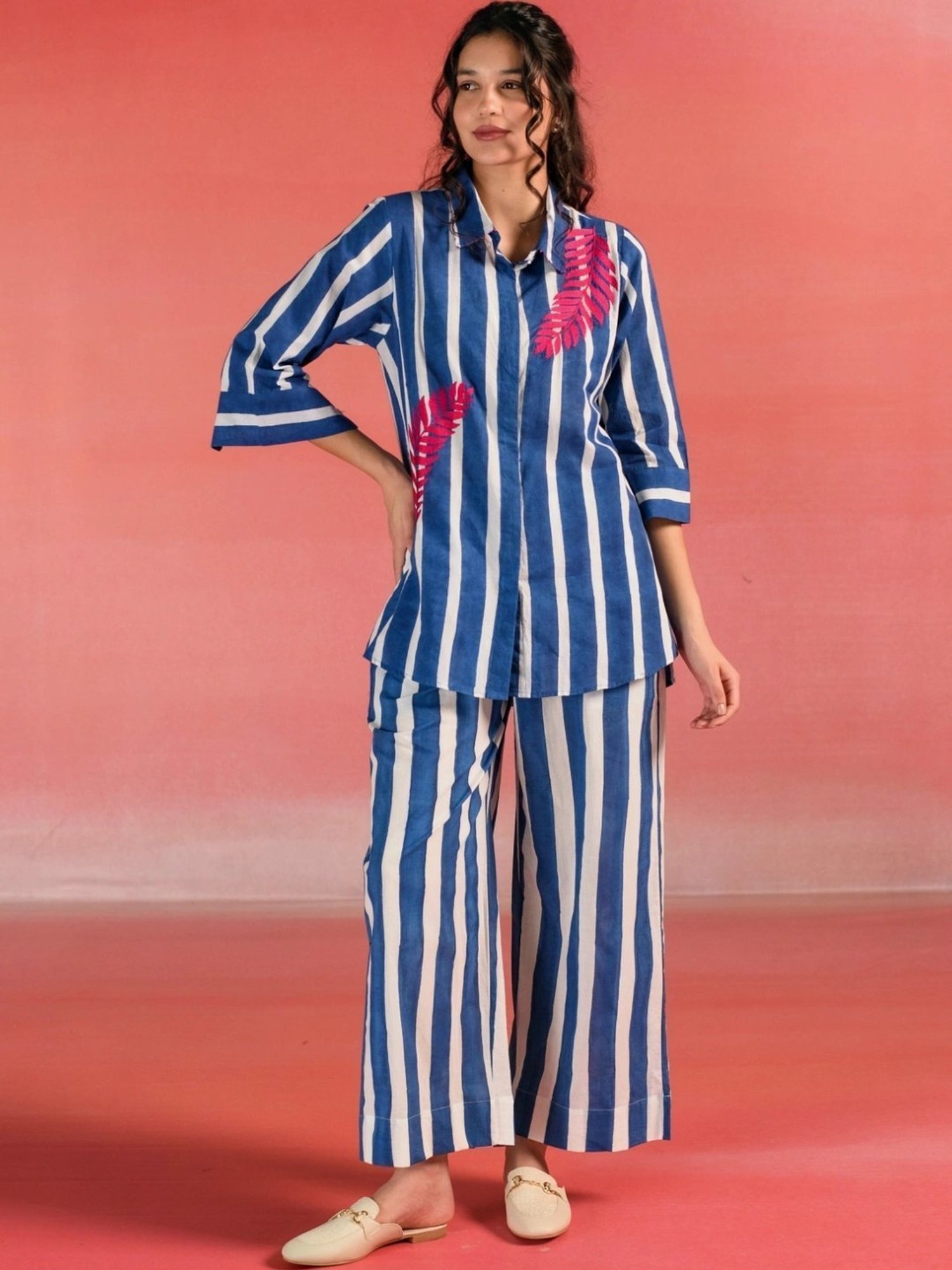 Kameez by Pooja Blue & White Stripes Cotton Shirt with Pant Co-ord Set