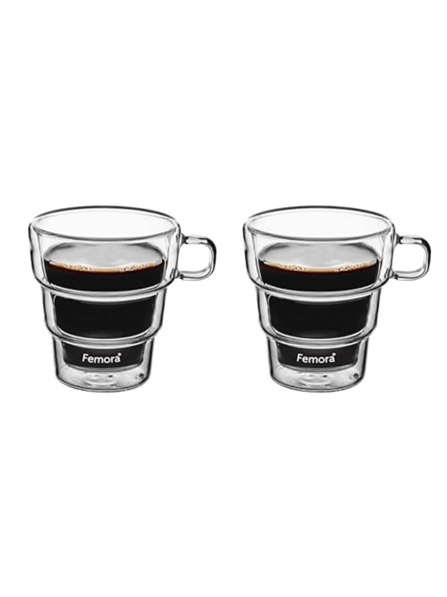 Femora Double Wall Transparent Glass Heat Resistant Coffee Mugs With Handle (0.25 L) - Set of 2
