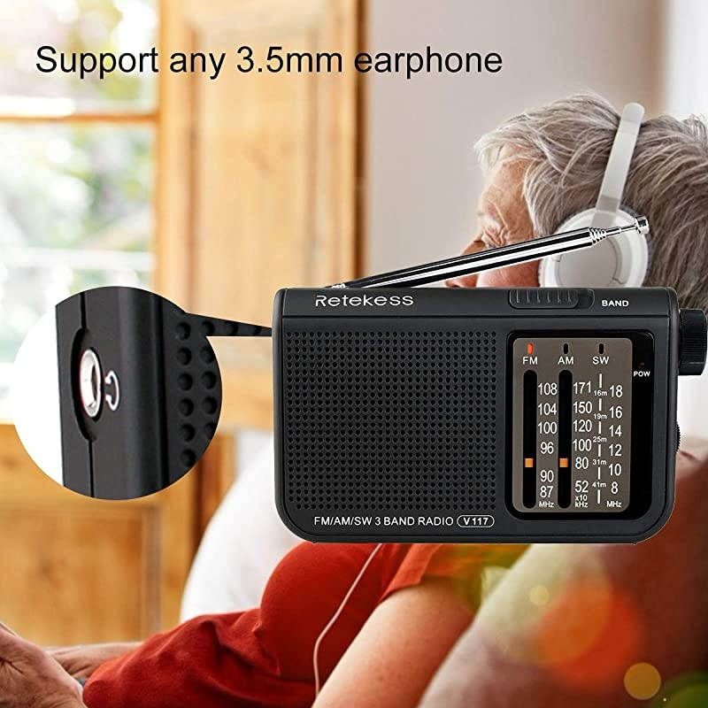 V117 Analog AM FM Radio Transistor Radio Battery Operated with Large Knobs and Clear Dial Simple Operation Suitable for Indoor ElderlyBlack