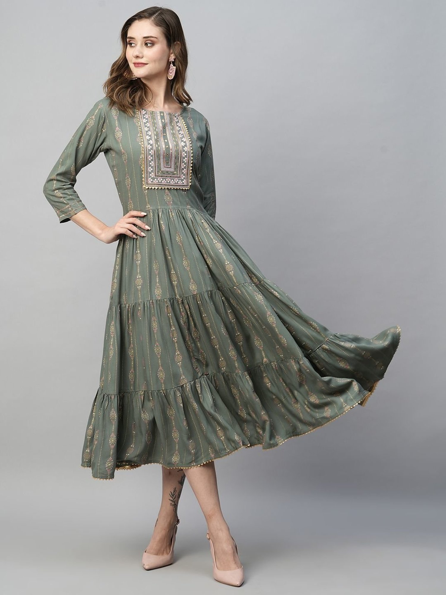 KIANA Grey Printed A-Line Dress