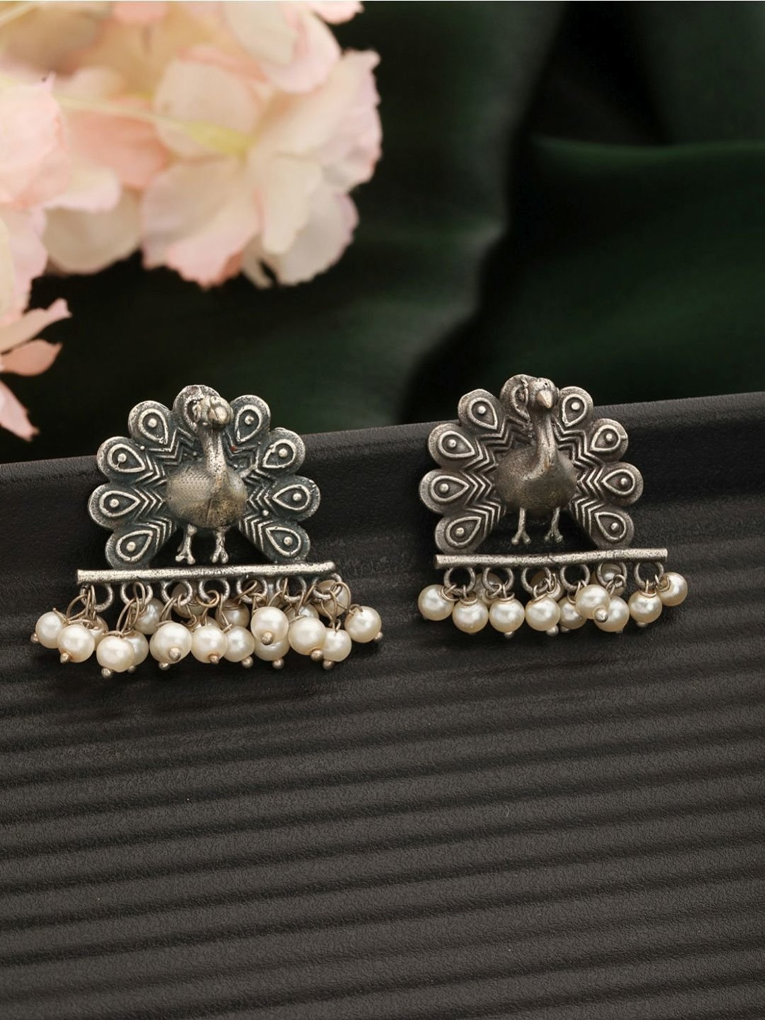 Aatmana Silver-Plated & Pear Beaded Oxidized Peacock Shaped Drop Earrings