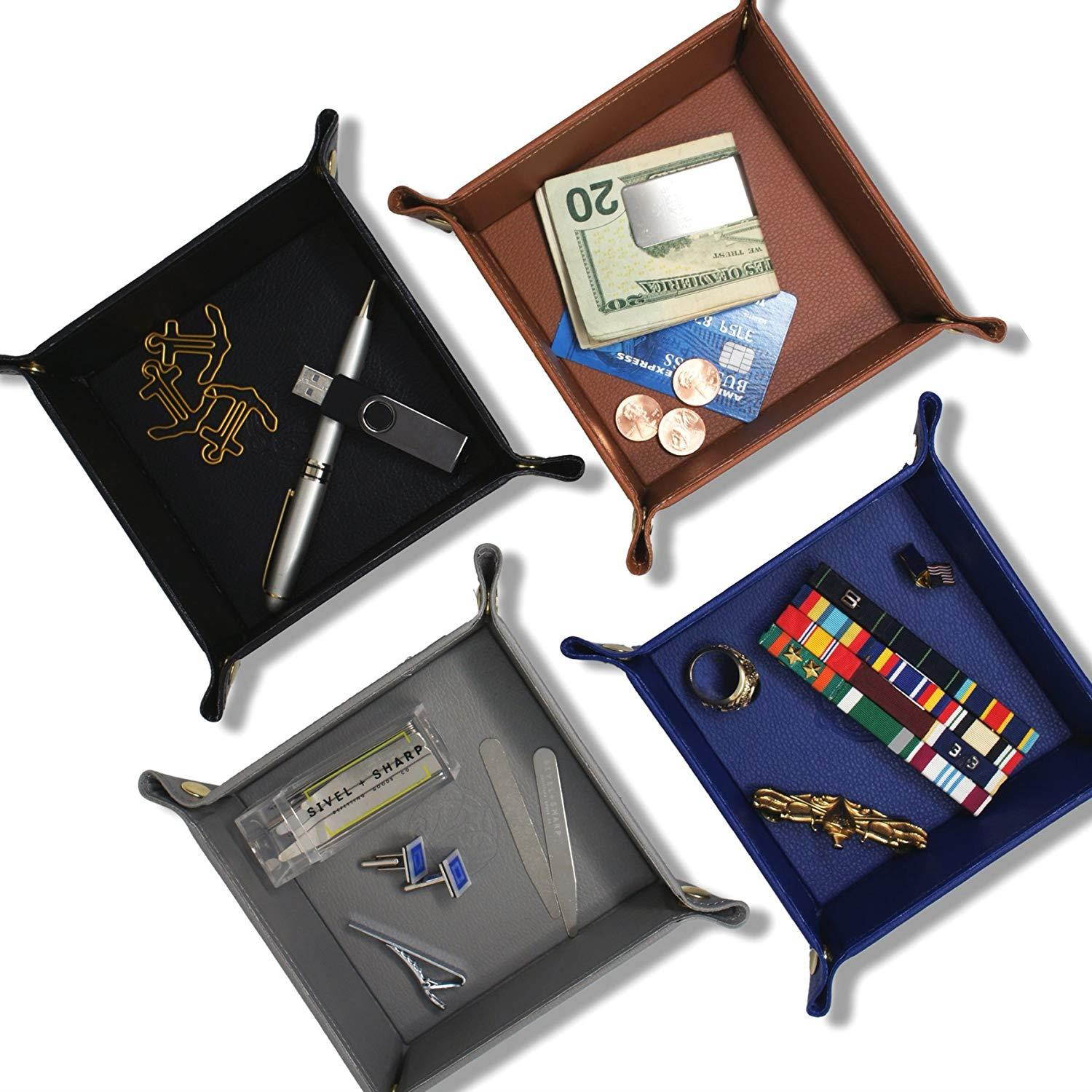 SIVEL + SHARP Leather Valet Tray - Embossed Catchall Tray with Brass Snaps (Almond)